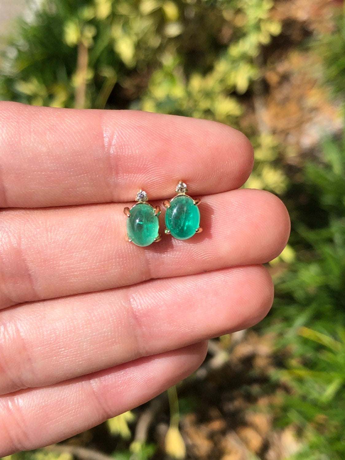 Cabochon Emerald & Diamond Stud Earrings 14K