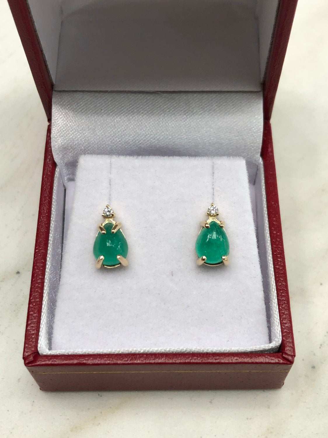 2.86tcw Cabochon Emerald & With Diamond Accent Stud Earrings 14K