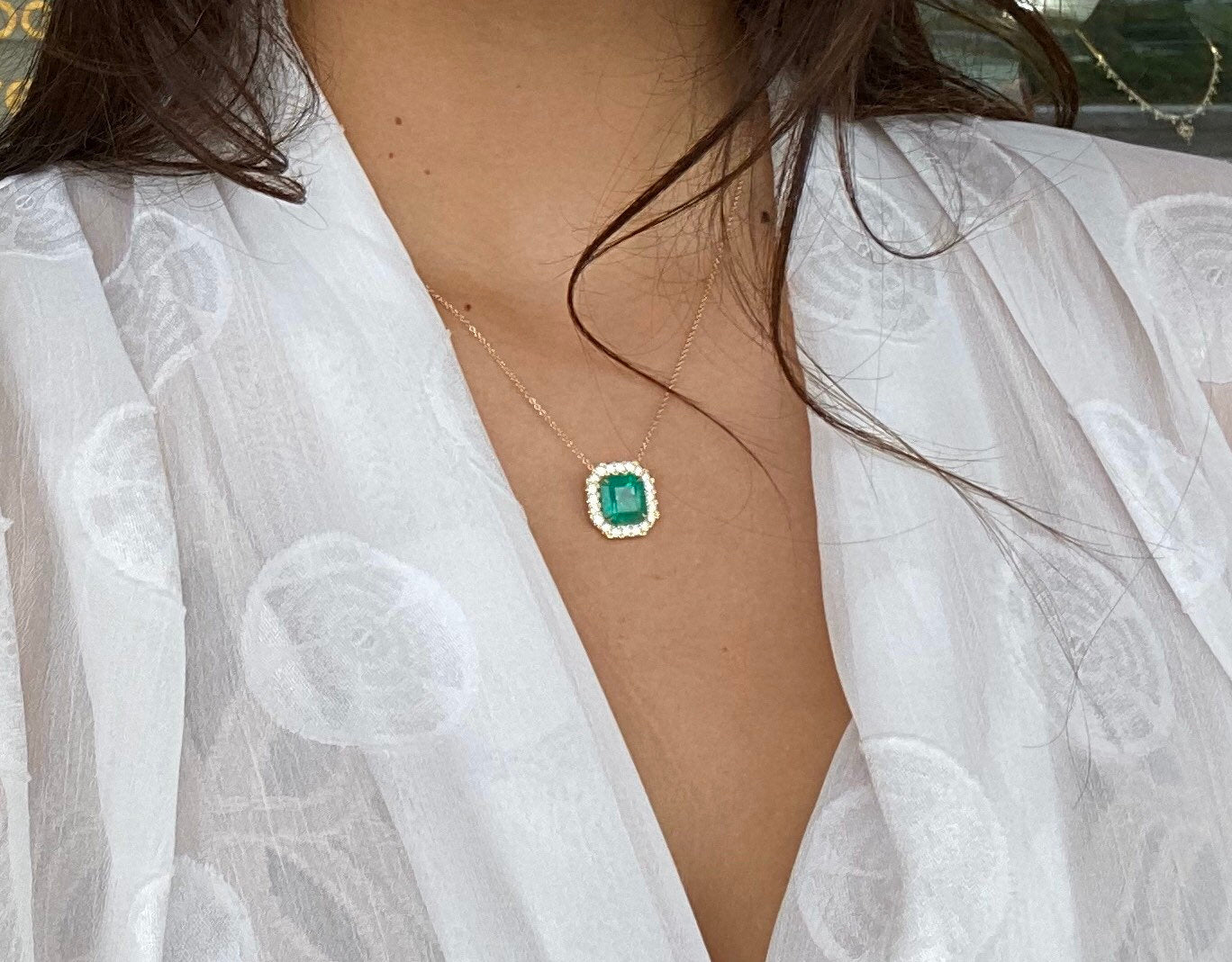 4.60tcw Square Cut Natural Colombian Emerald & Diamond Halo Necklace Pendant