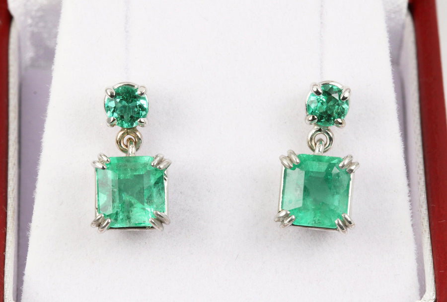 Natural 3.20 carat Rich Green Emerald Asscher and Round Dangle Stud Earrings white gold 14K