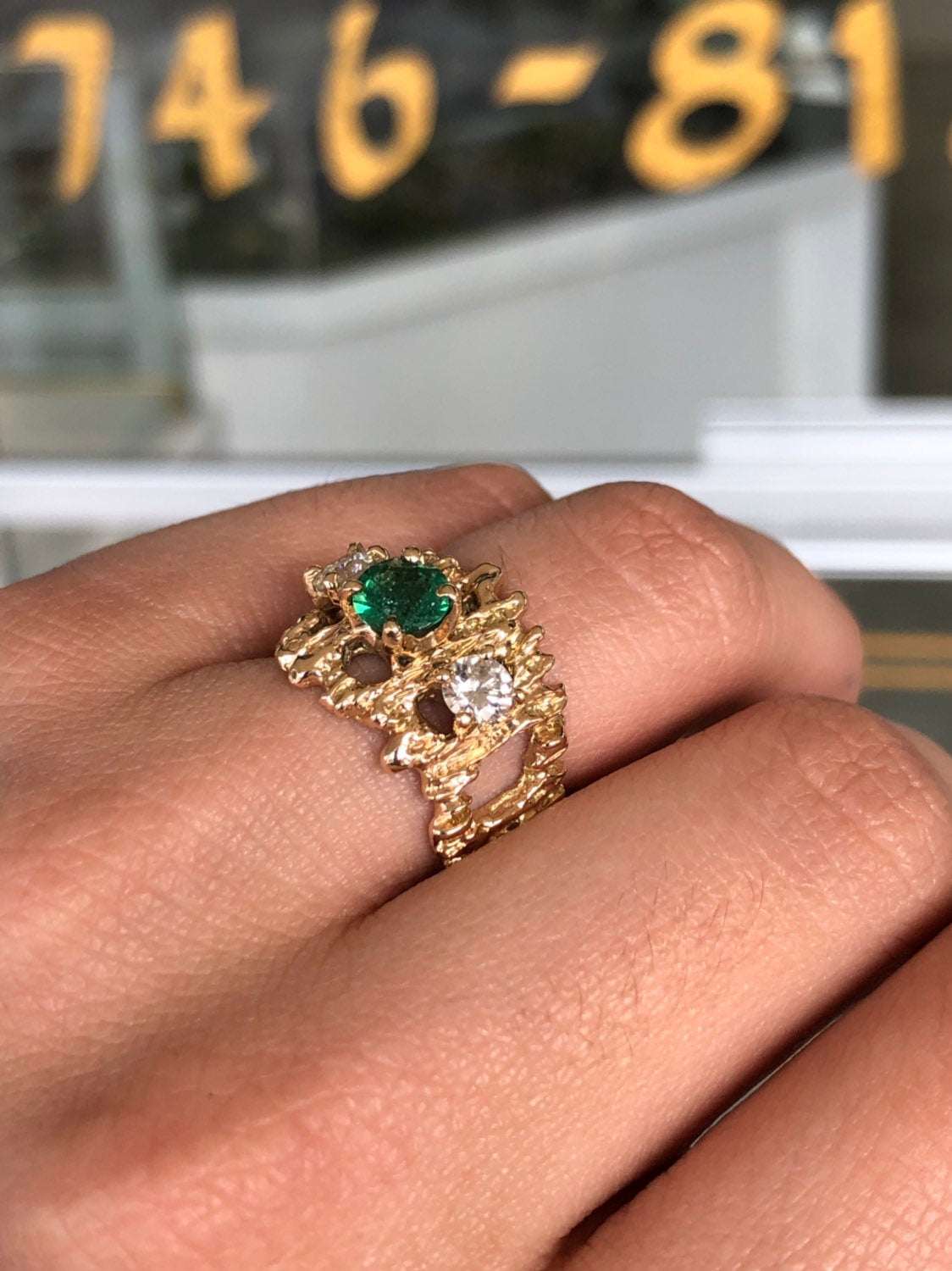 1.54tcw Natural Deep Green Round Emerald & Diamonds Hand Made Nugget Ring Solid 14K