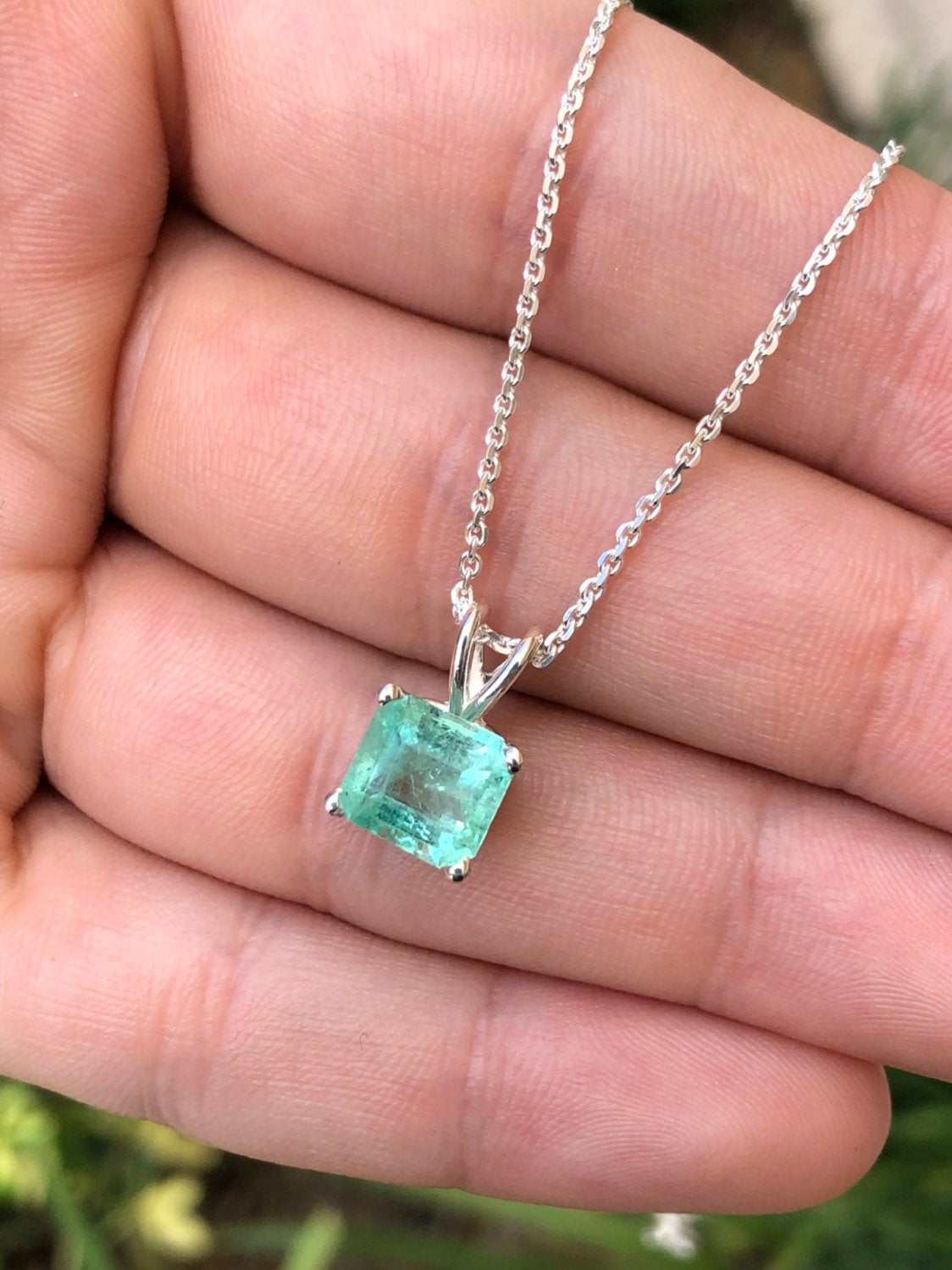 2.10 Carat Asscher Colombian Emerald Necklace Sterling Silver
