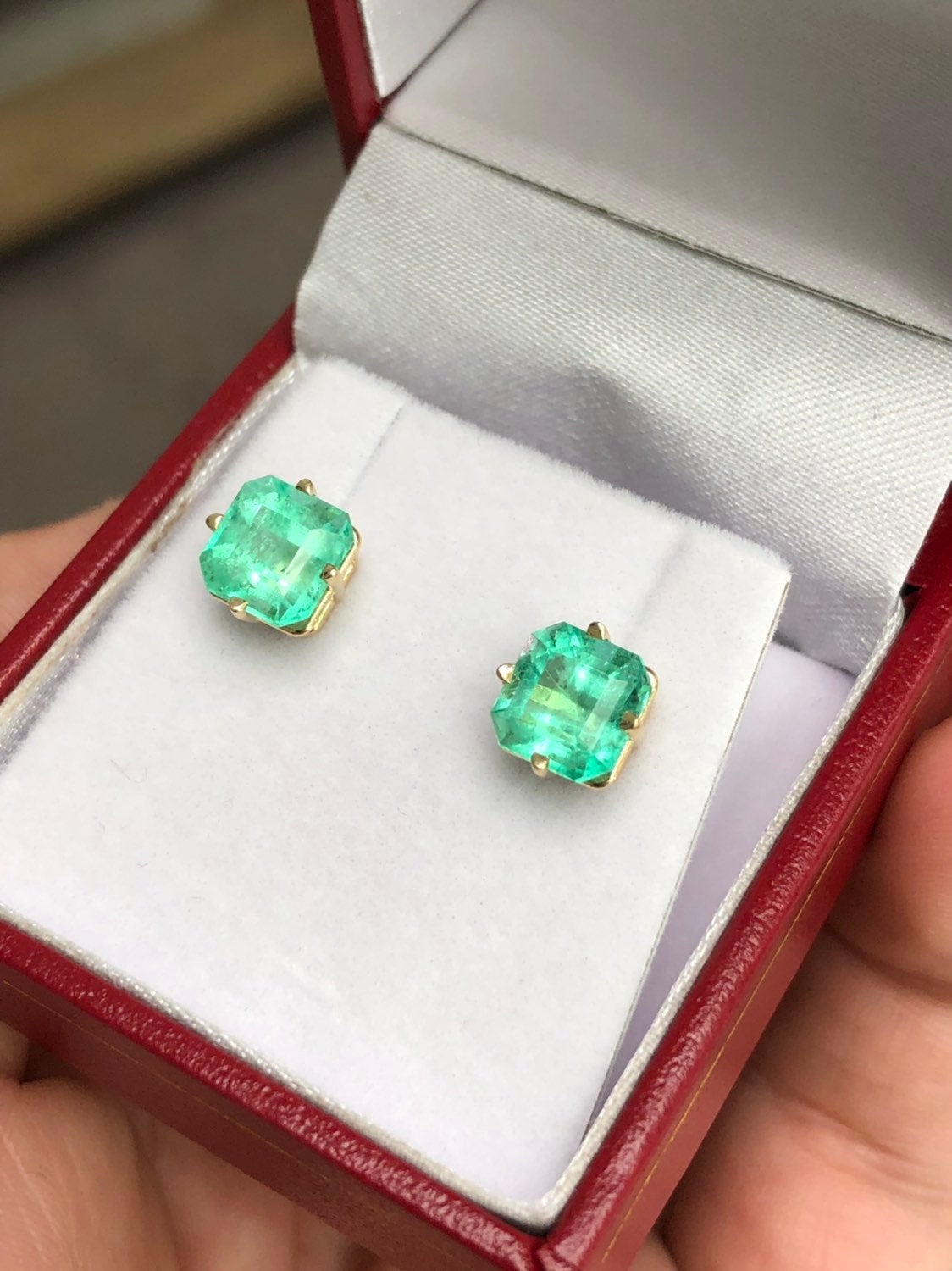 3.44 Carats Colombian Emerald Asscher Cut Prong Stud Earrings Yellow Gold