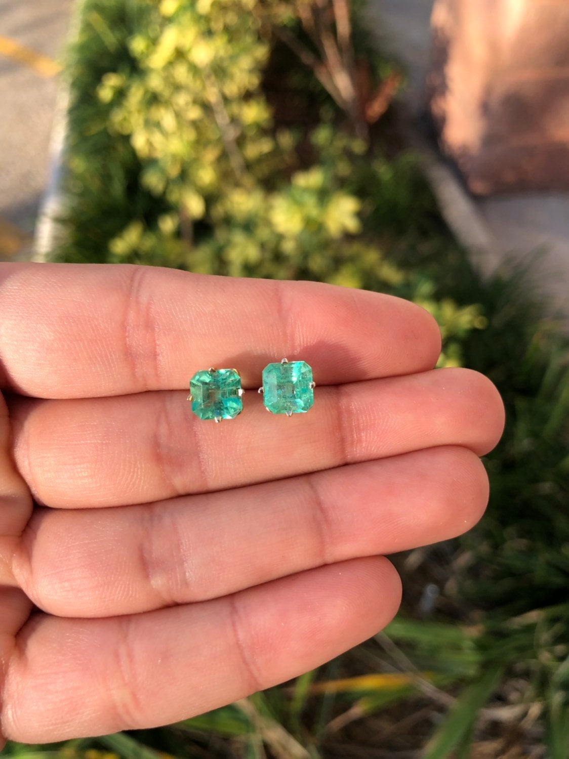 3.44 Carats Colombian Emerald Asscher Cut Prong Stud Earrings Yellow Gold 14K