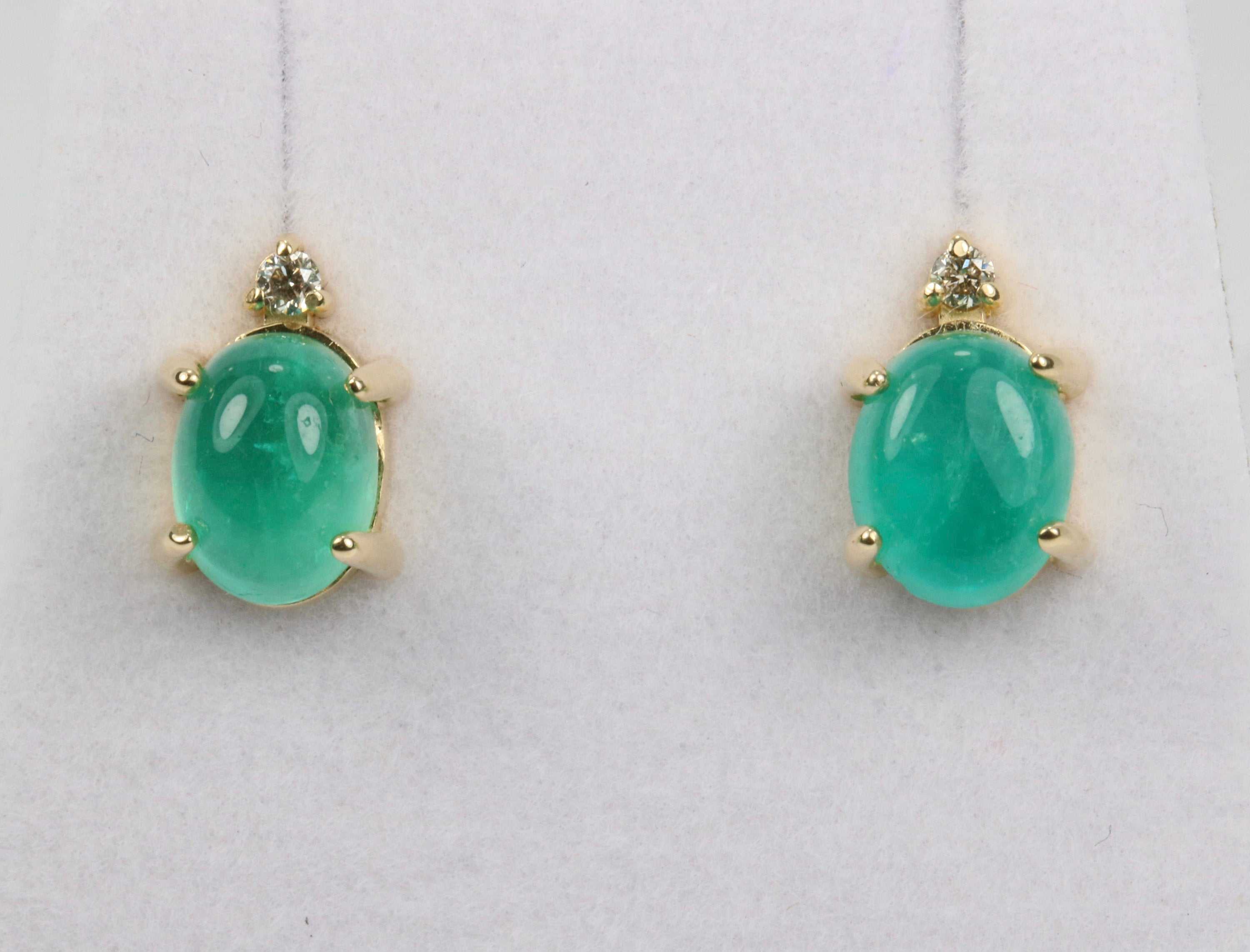3.10tcw Cabochon Emerald & Diamond Stud Earrings 14K