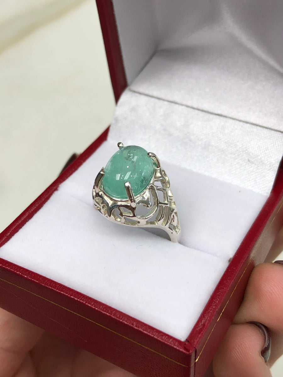 Carving Cabochon Colombian Emerald Solitaire Silver Ring