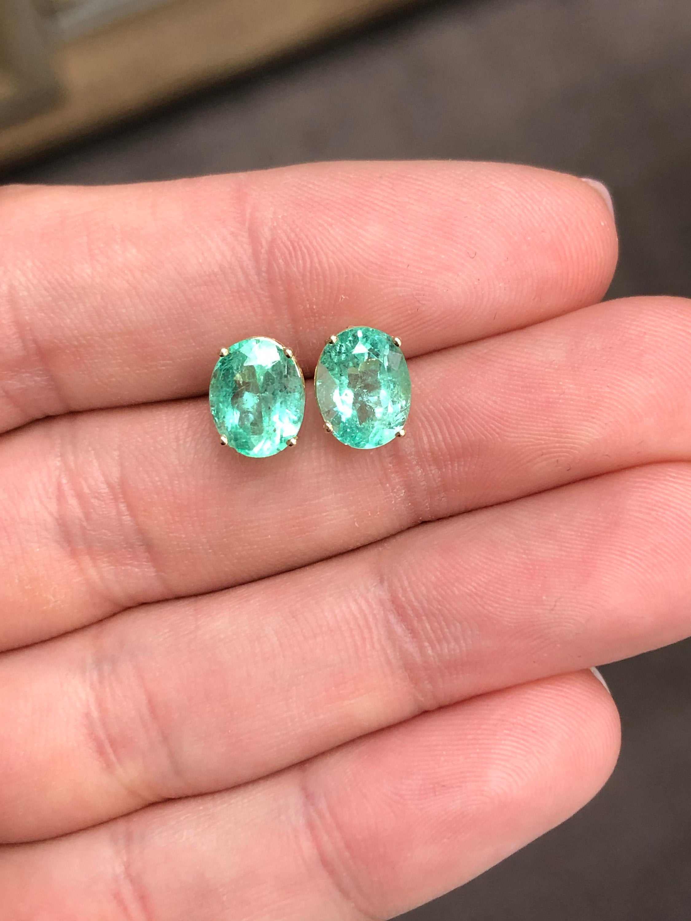 Chunky Oval Emerald Stud Earrings Yellow Gold 14K