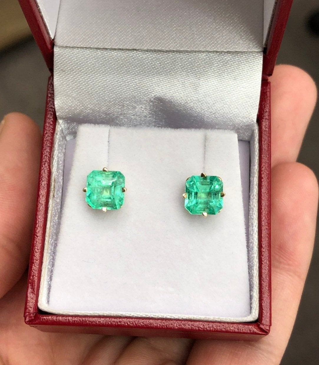 Colombian Emerald Asscher Cut Prong Stud Earrings Yellow Gold 14K