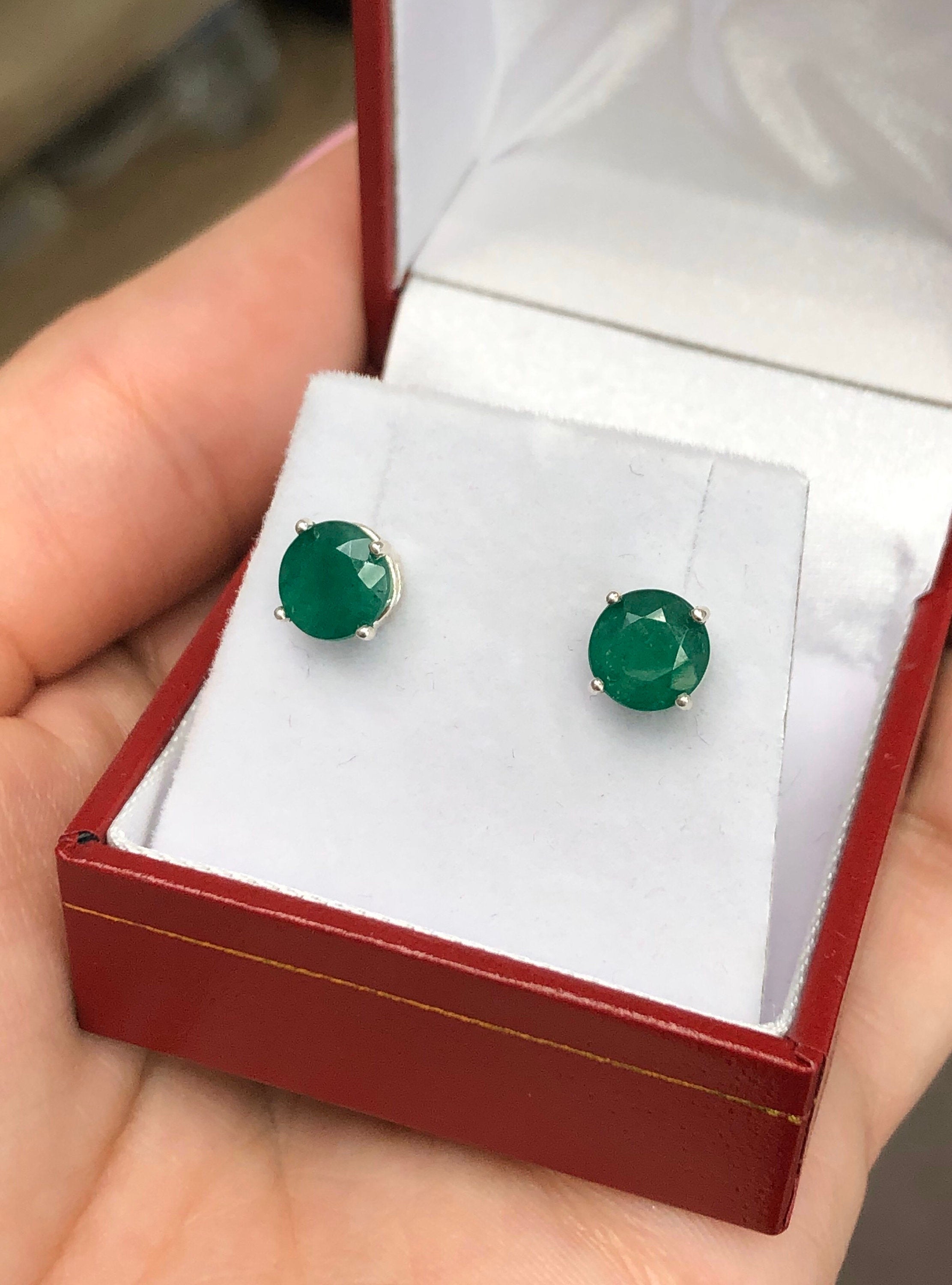 7mm Round Natural Emerald Stud Earring