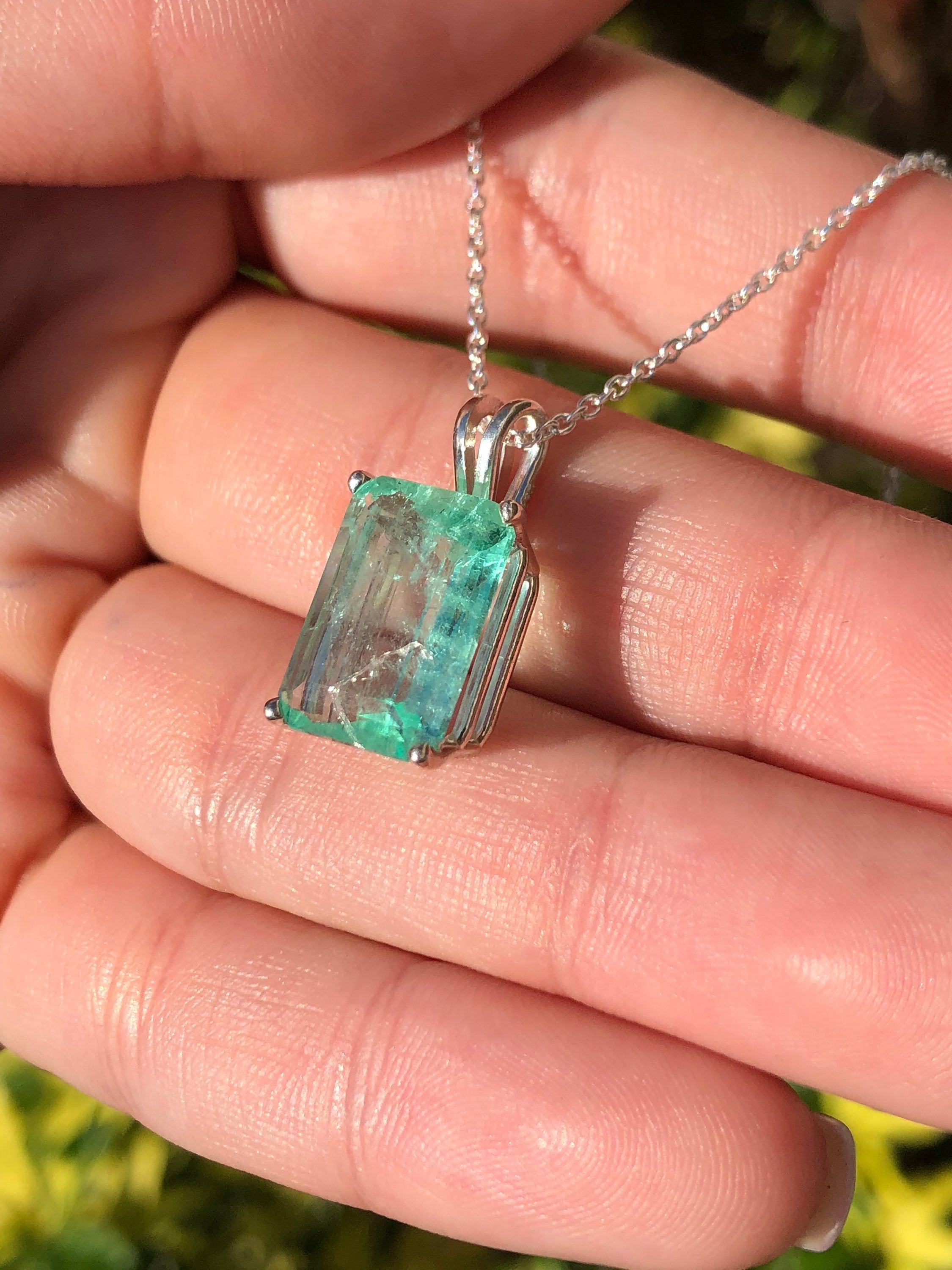 6.59 Carats Large Natural Colombian Emerald Pendant Sterling Silver 18" Neck