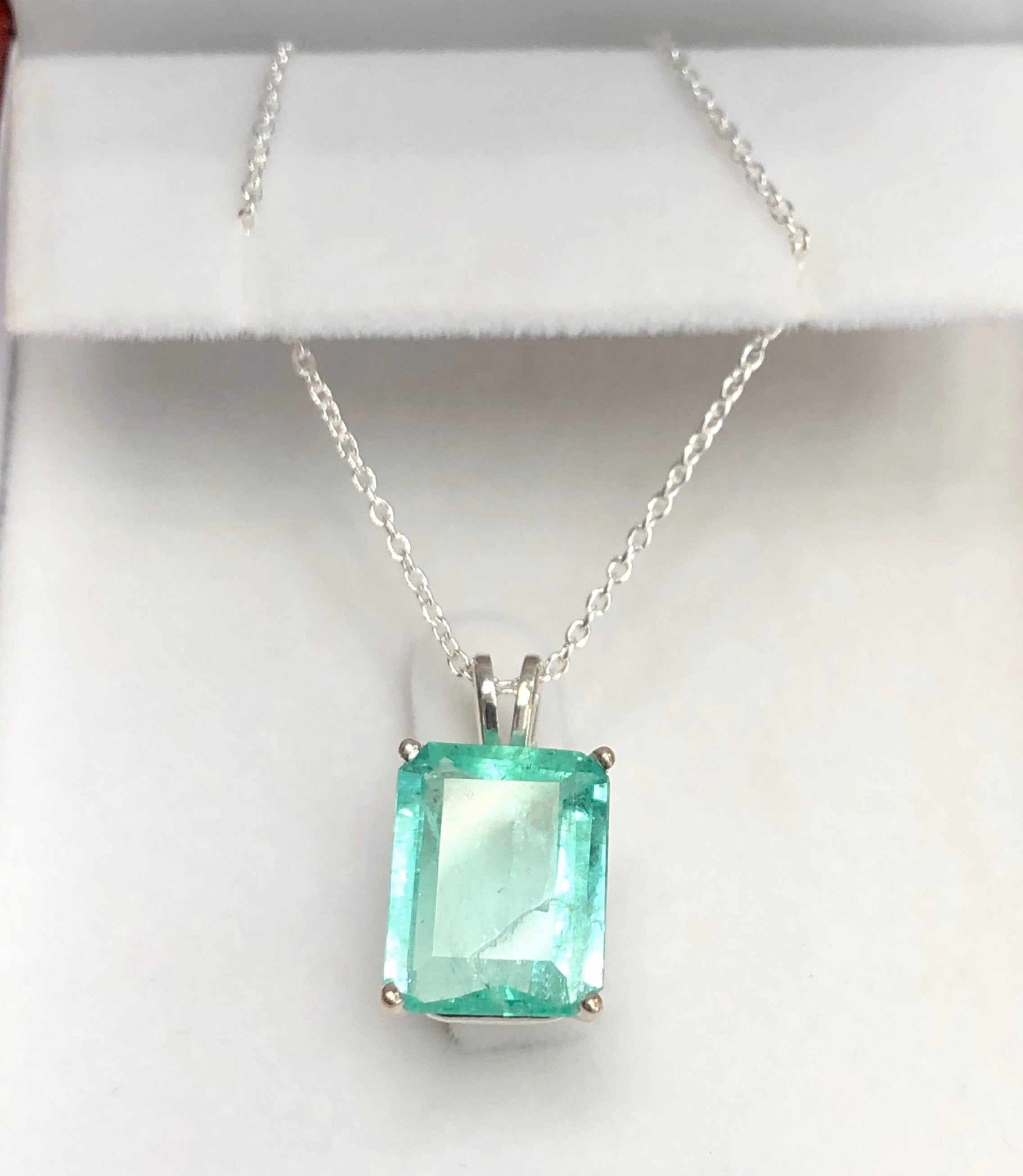 6.59 Carats Large Natural Colombian Emerald Pendant Sterling Silver 18" Neck
