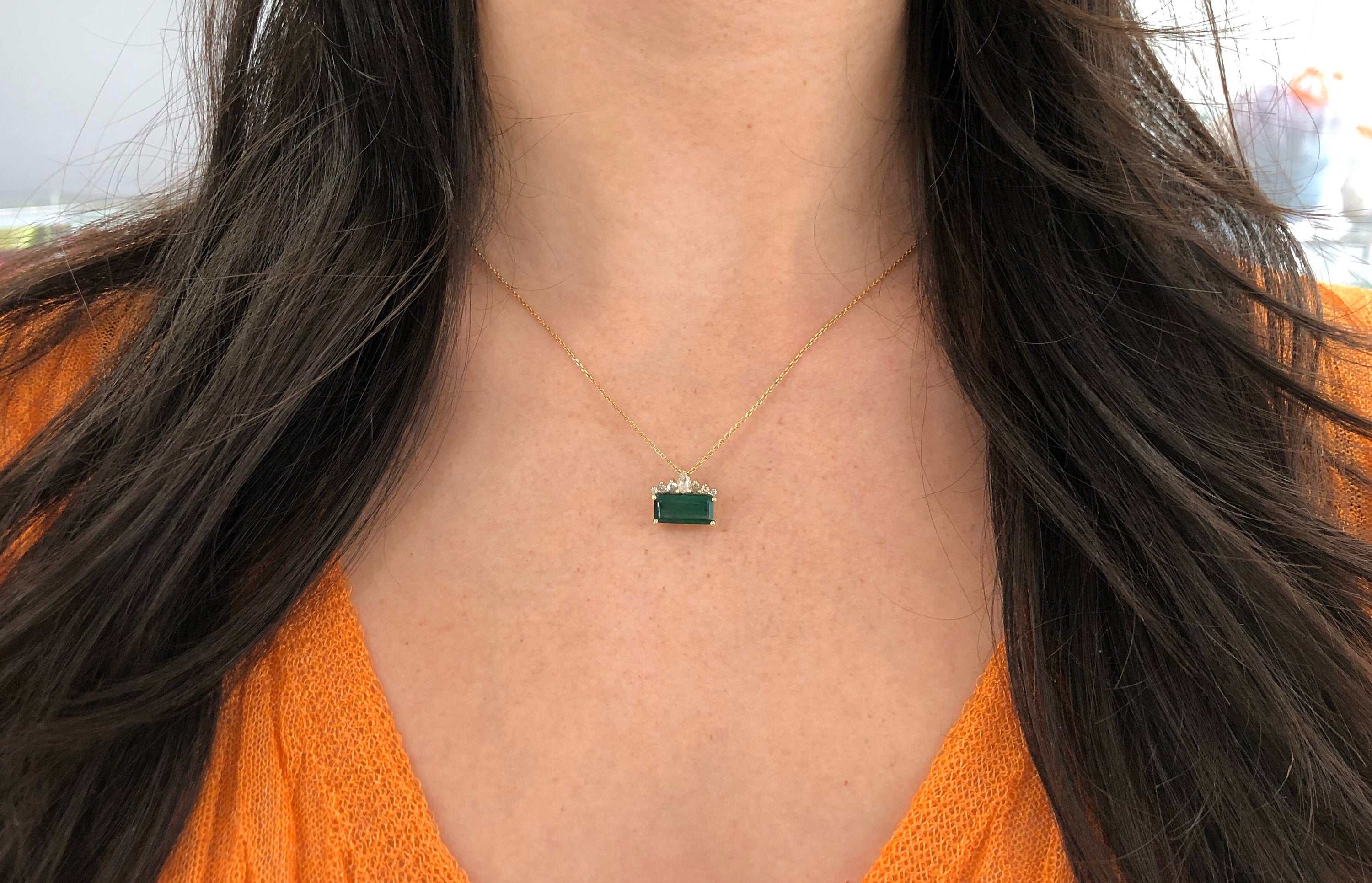 3.45tcw East to West Dark Green Emerald & Diamond Tiara Necklace 14K