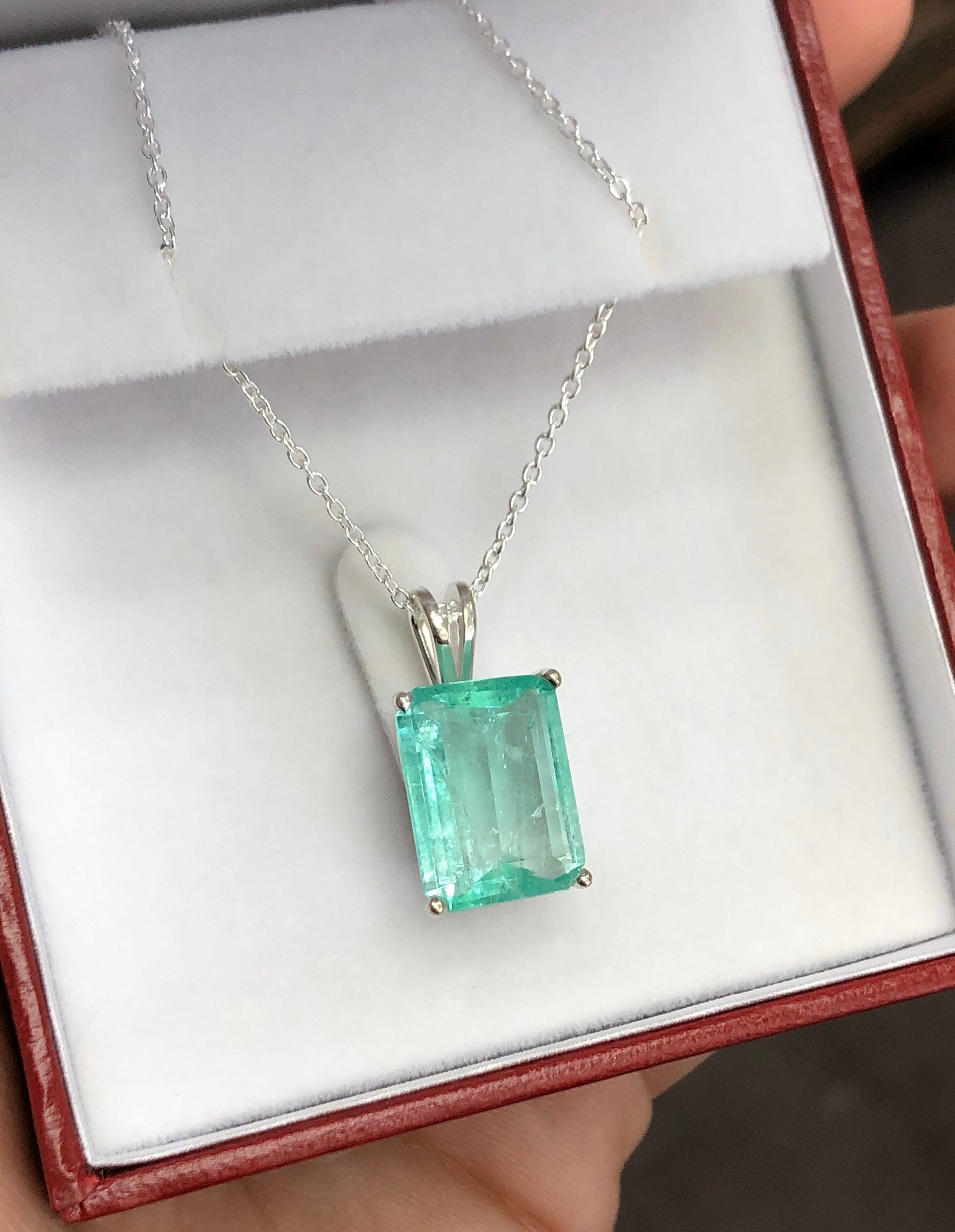 6.59 Carats Large Natural Colombian Emerald Pendant Sterling Silver 18" Neck