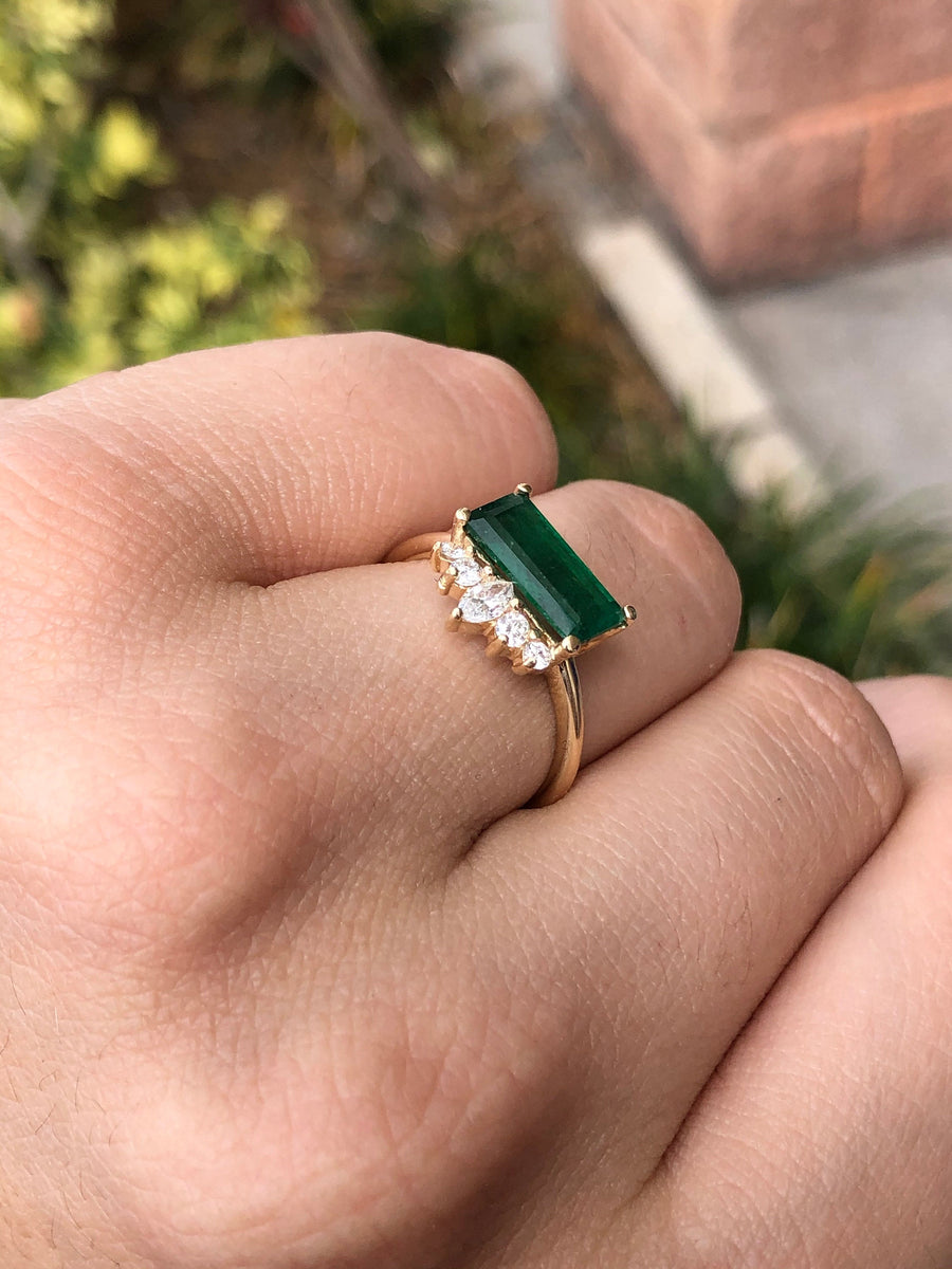 1.82tcw Elongated Dark Real Emerald & Diamond Tiara Engagement Ring 14K Yellow Gold
