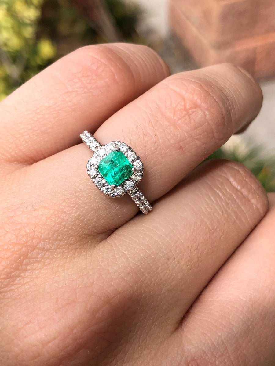 Chic and Sophisticated: Square Emerald & Round Diamond Pave Halo 1.71tcw Ring in 14K Gold