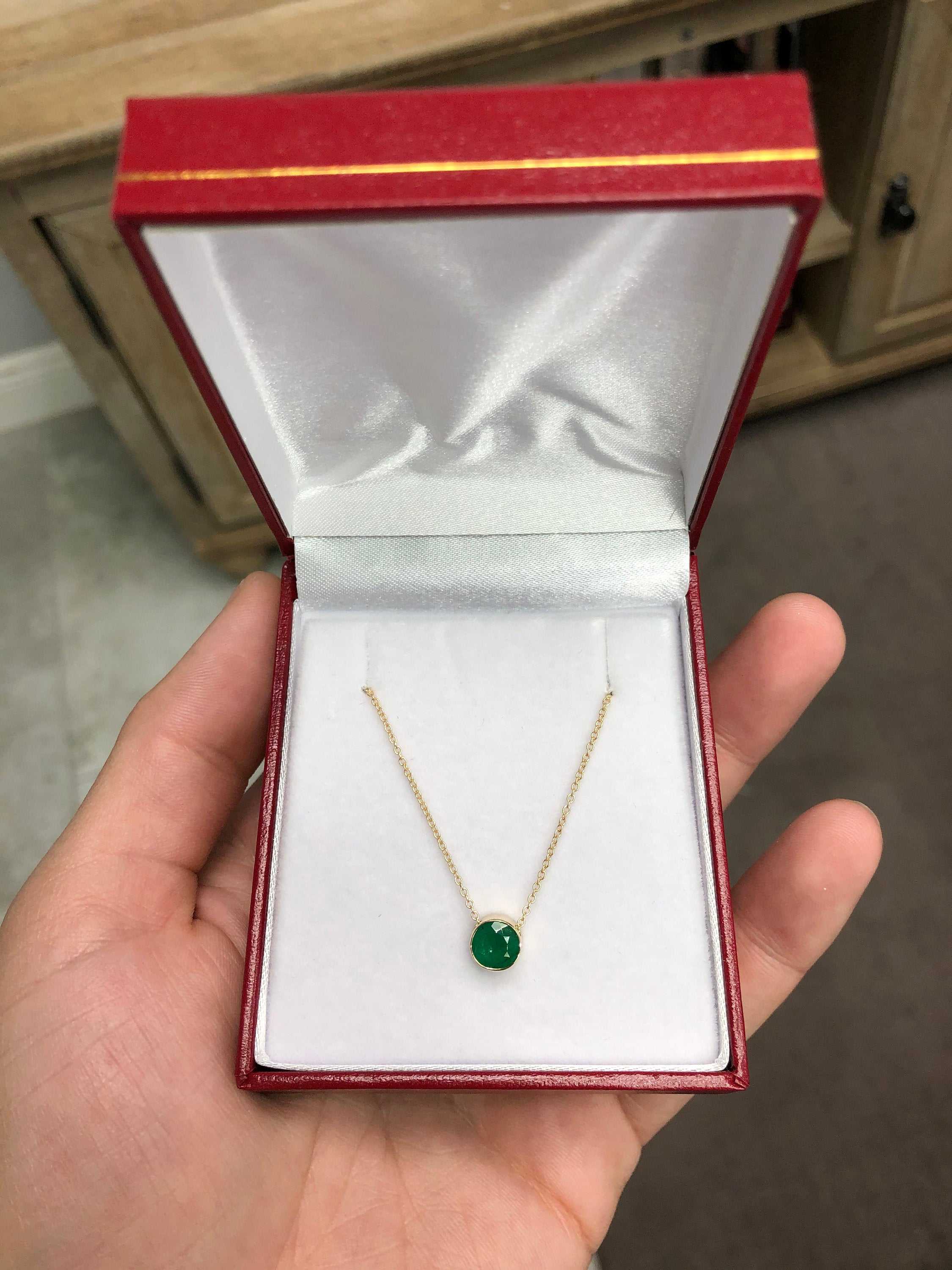 0.90 Carat Natural Emerald Bezel Set Necklace 14K