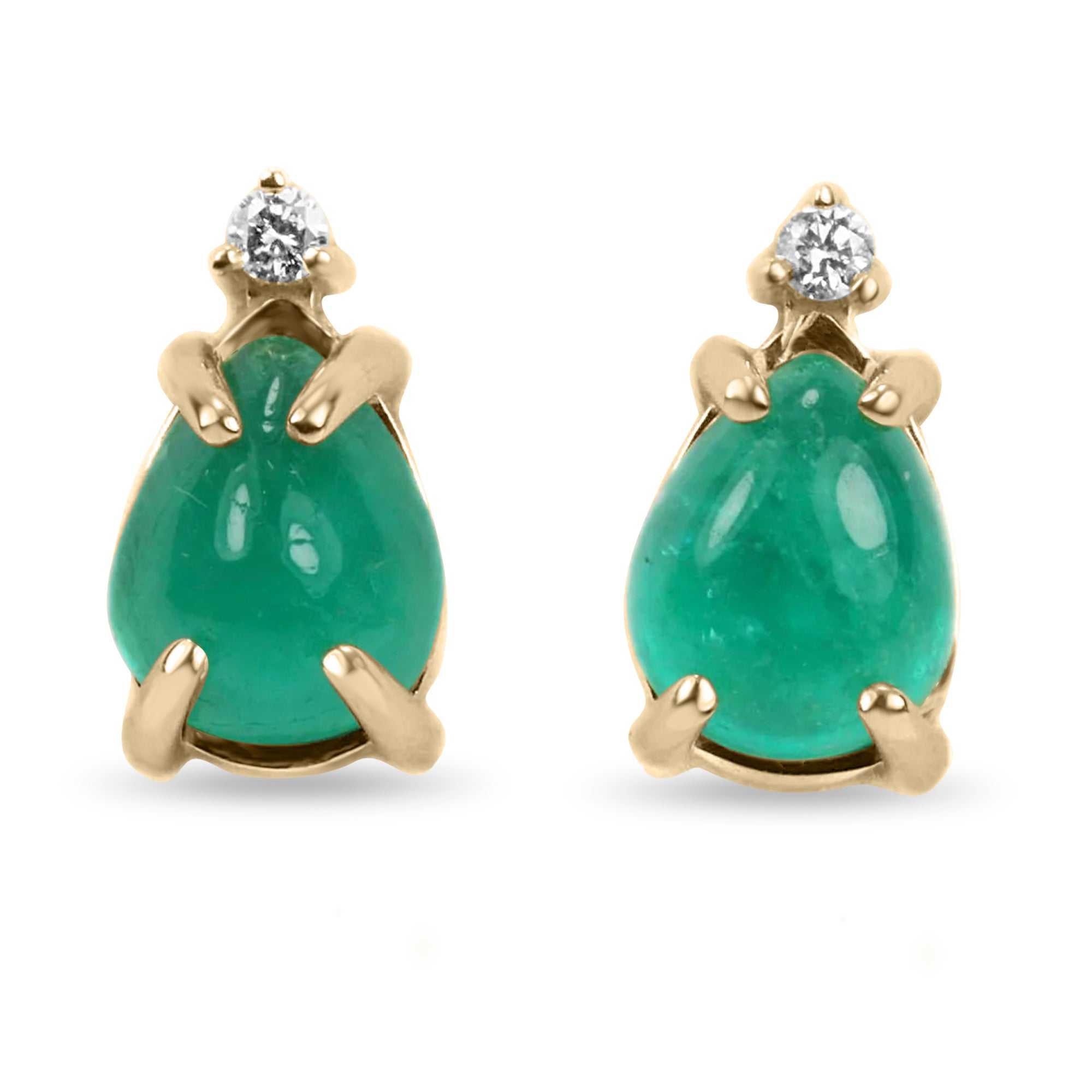 2.86tcw Cabochon Emerald & With Diamond Accent Stud Earrings 14K - JR Colombian Emeralds