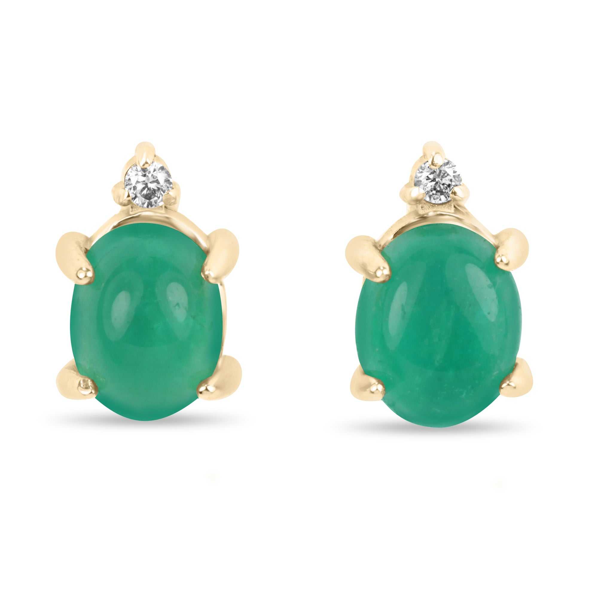 3.10tcw Cabochon Emerald & Diamond Stud Earrings 14K - JR Colombian Emeralds