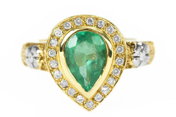 1.95ct Pear Cut Emerald & Diamond Halo Floral Ring Yellow 14K