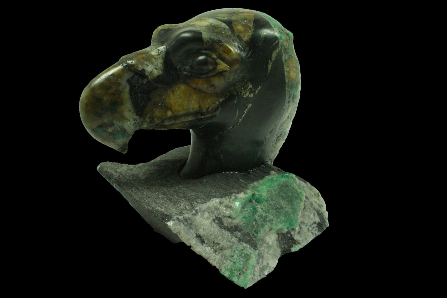 Optimized ALT Text Descriptions for Carved Colombian Emerald Eagle in Matrix