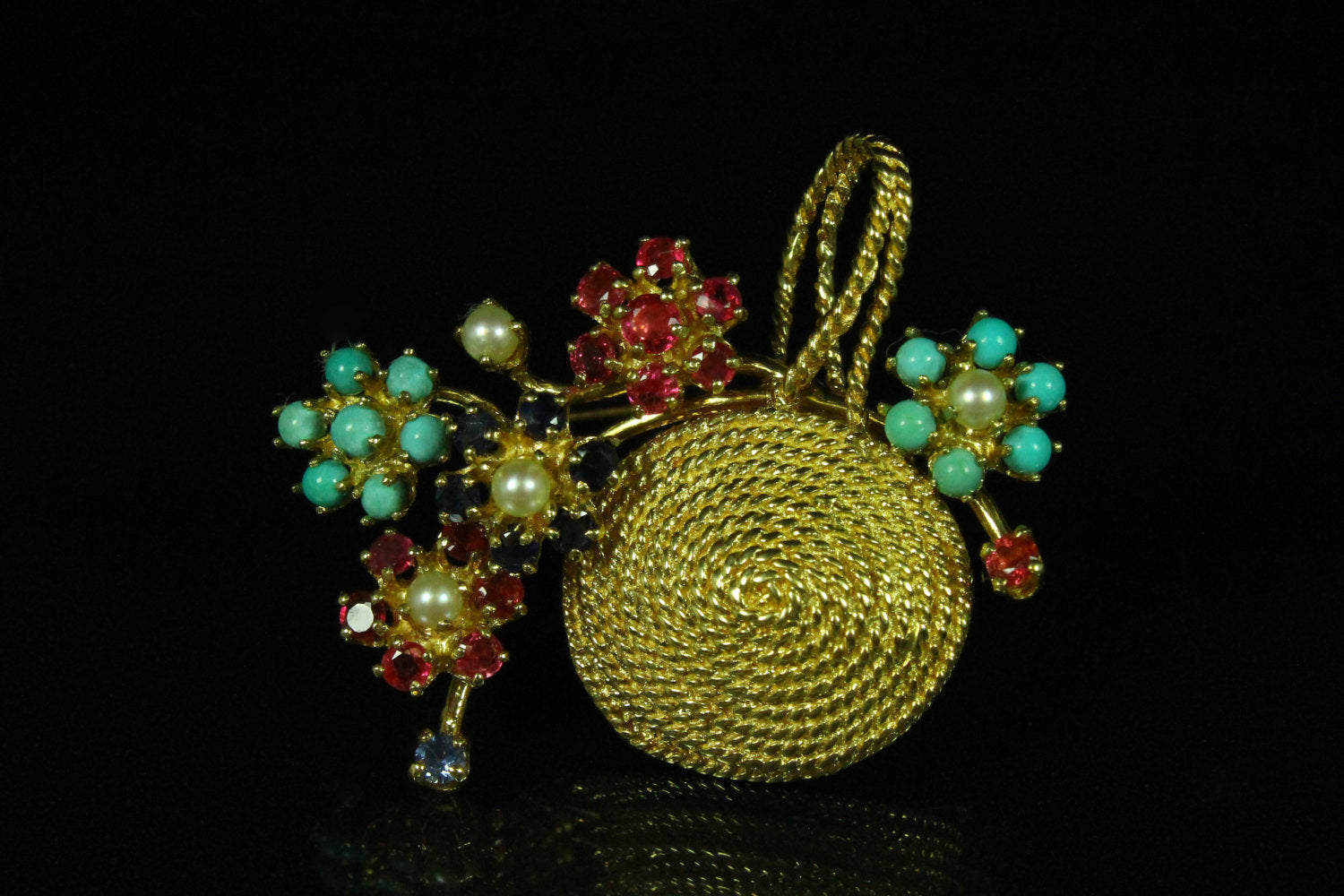 1.15tcw Multi Gemstone & Gold Basket Brooch 14k