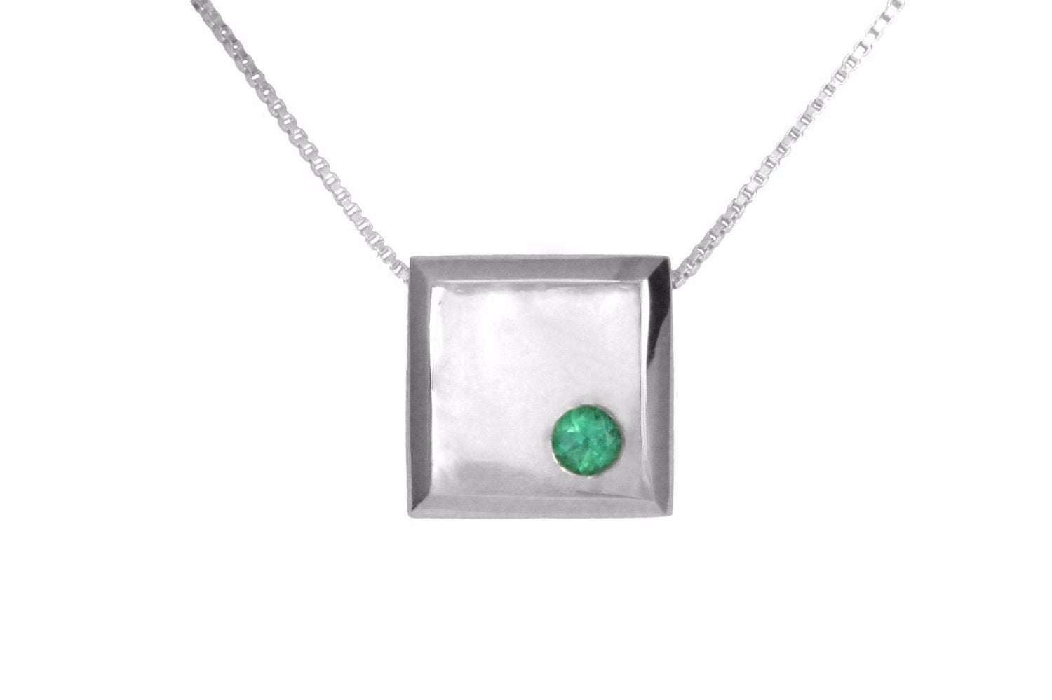 0.40CT Round Emerald Bezel Geometric Modern Square Shape Silver Necklace