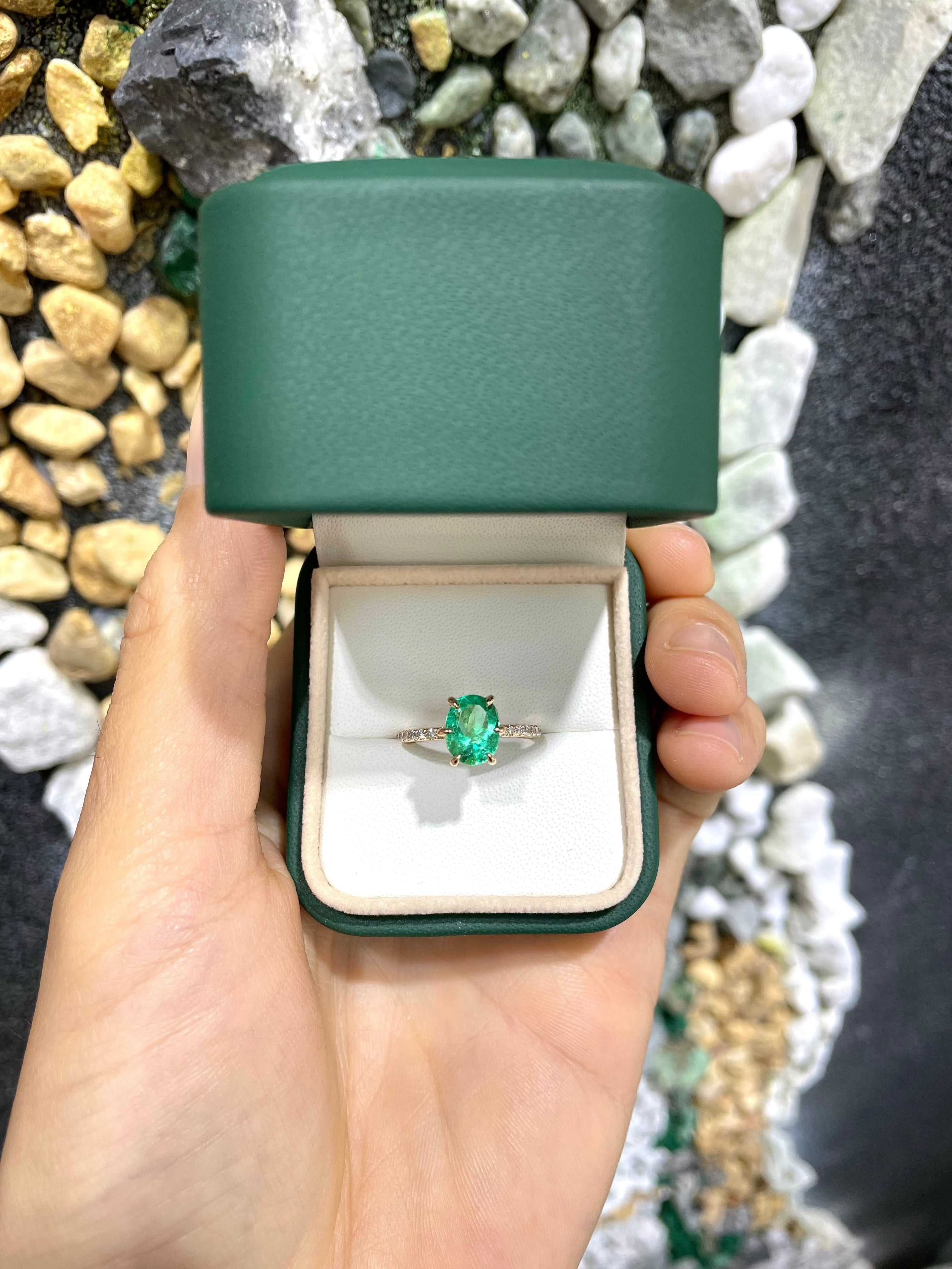 2.15tcw Oval Colombian Emerald 6 Prong Engagement Ring With Diamond Accents 14K