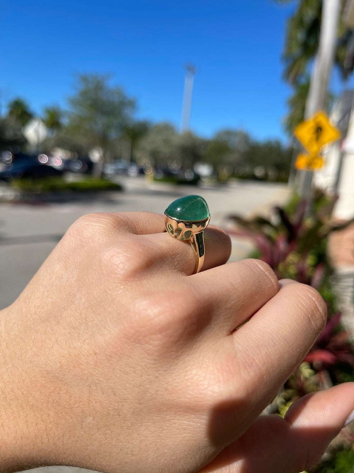 16.37 Carat Large Deep Green Cabochon Emerald Solitaire Bezel Ring 14K yellow gold