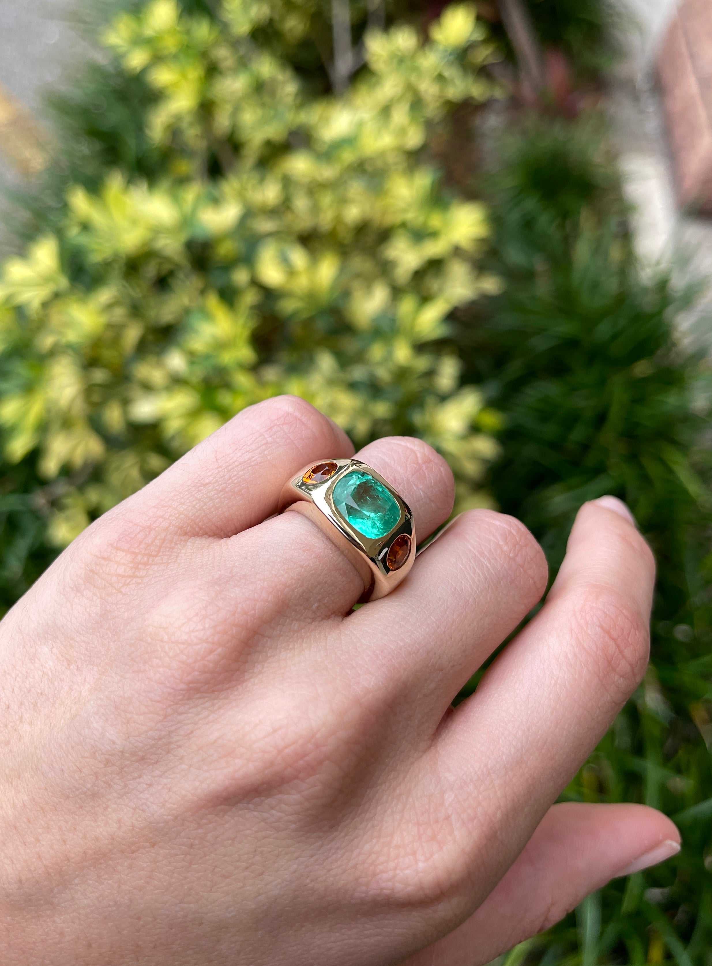 7.05tcw 14K Three Stone Large Cushion Cut Emerald & Oval Orange Sapphire Gypsy Ring - JR Colombian Emeralds