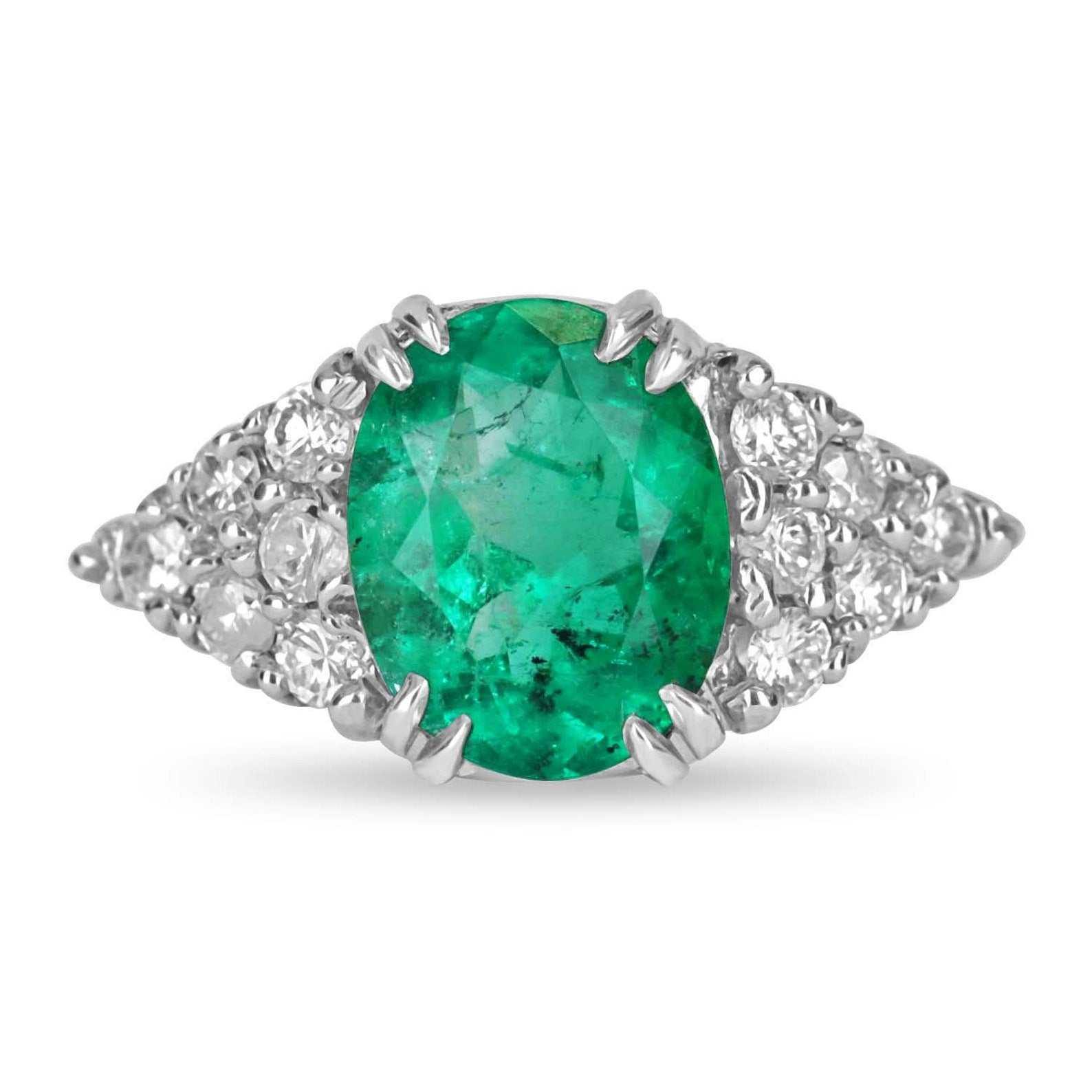 special private listing platinum ring with 4.30ctw oval Colombian emerald and diamond accents