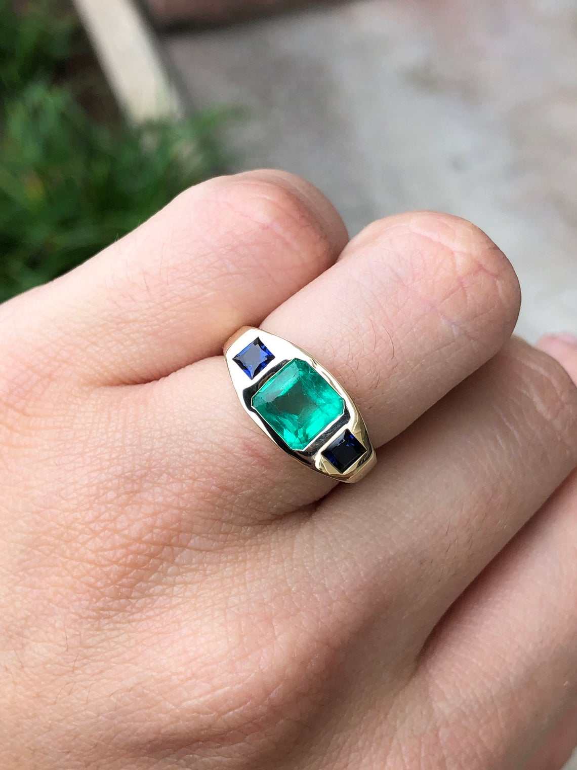 2.50tcw Three Stone Square Emerald & Blue Sapphire Bezel Gypsy Ring 14