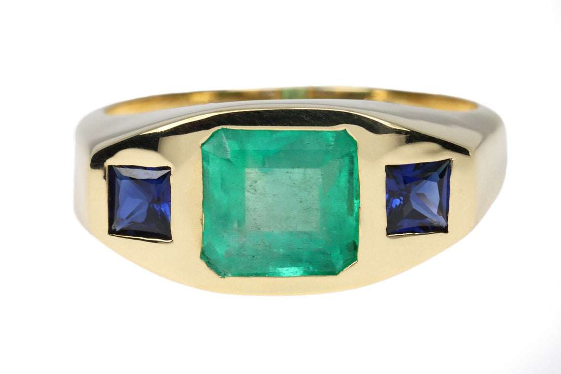 2.50tcw Three Stone Square Emerald & Blue Sapphire Bezel Gypsy Ring 14