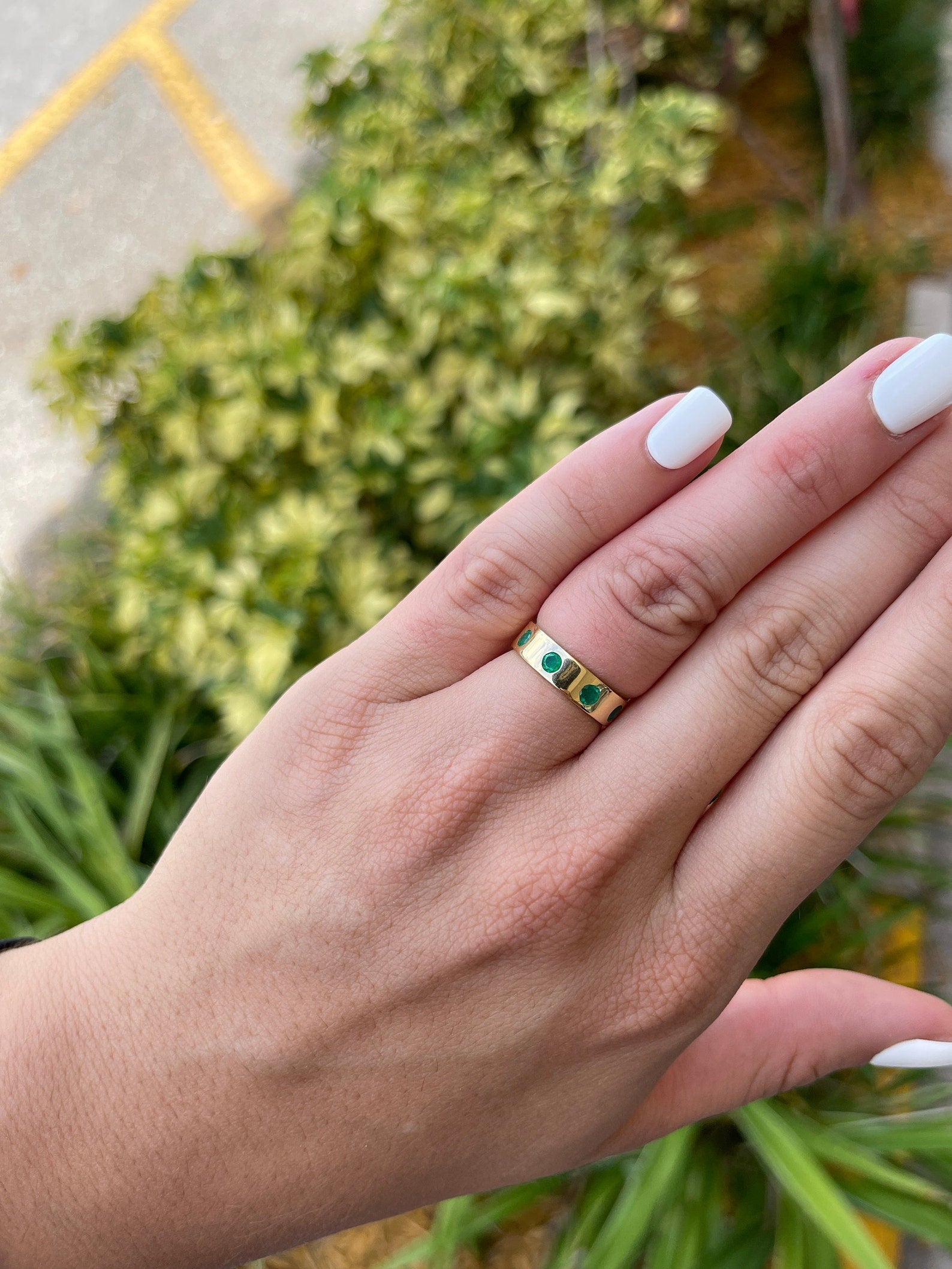 Classic Charm: Stacking 0.50tcw 18K 5mm Round Colombian Emerald Bezel Solid Wedding Band