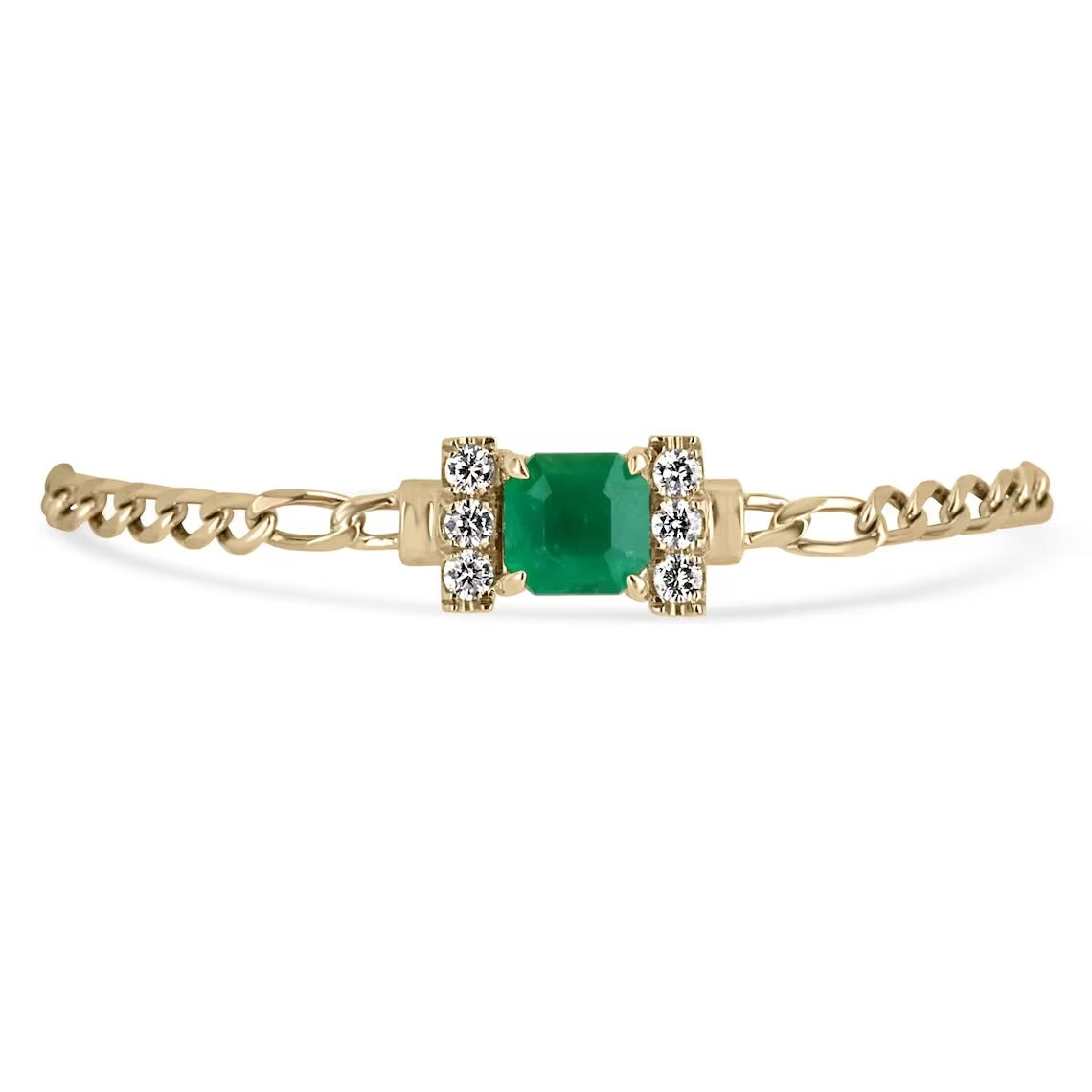 18K gold bracelet with 3.25tcw Colombian emerald Asscher cut stones and diamond accents, crafted by JR Colombian Emeralds.