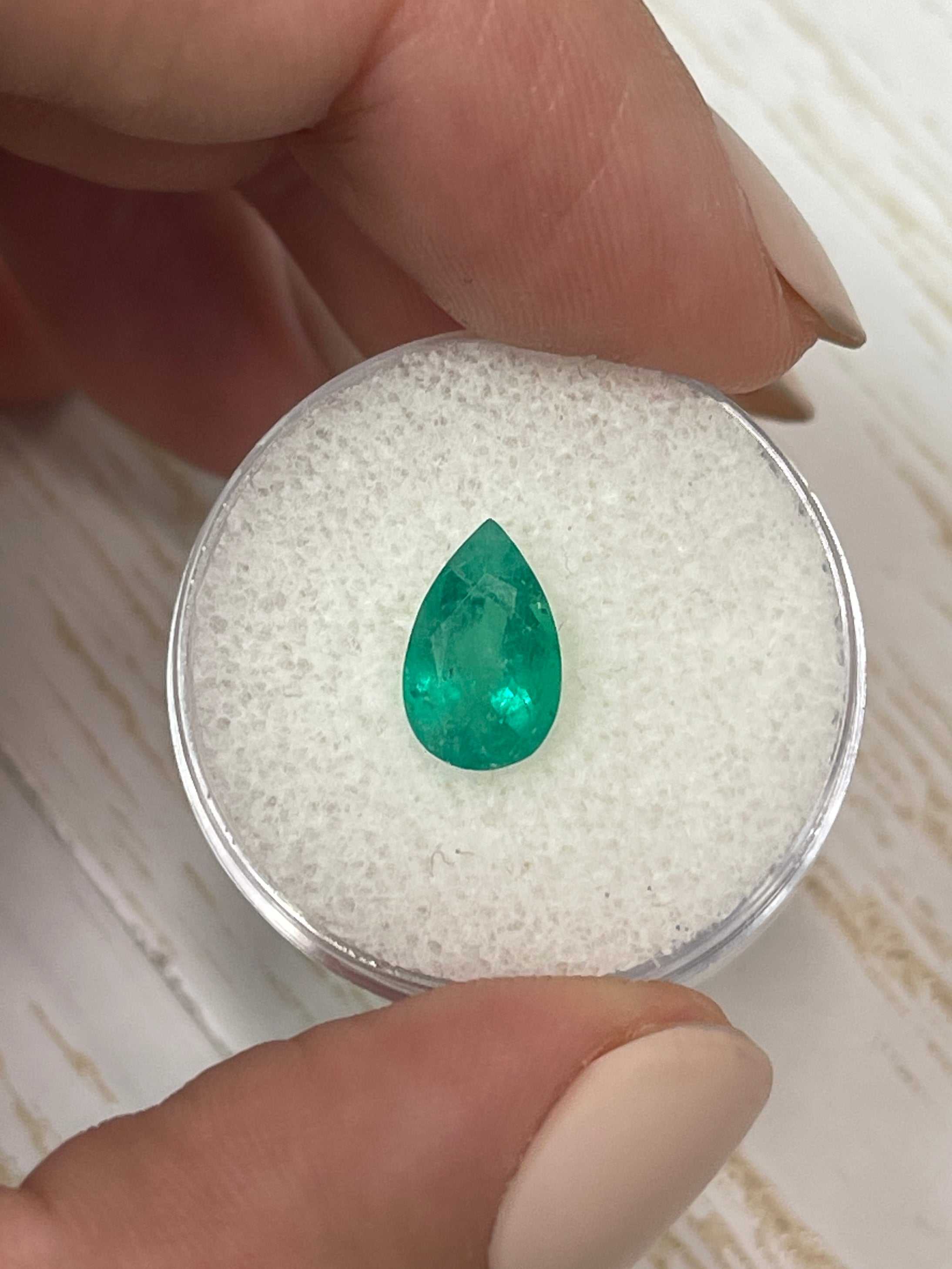 1.62 carat rich green natural Colombian emerald loose pear cut gemstone from JR Colombian Emeralds