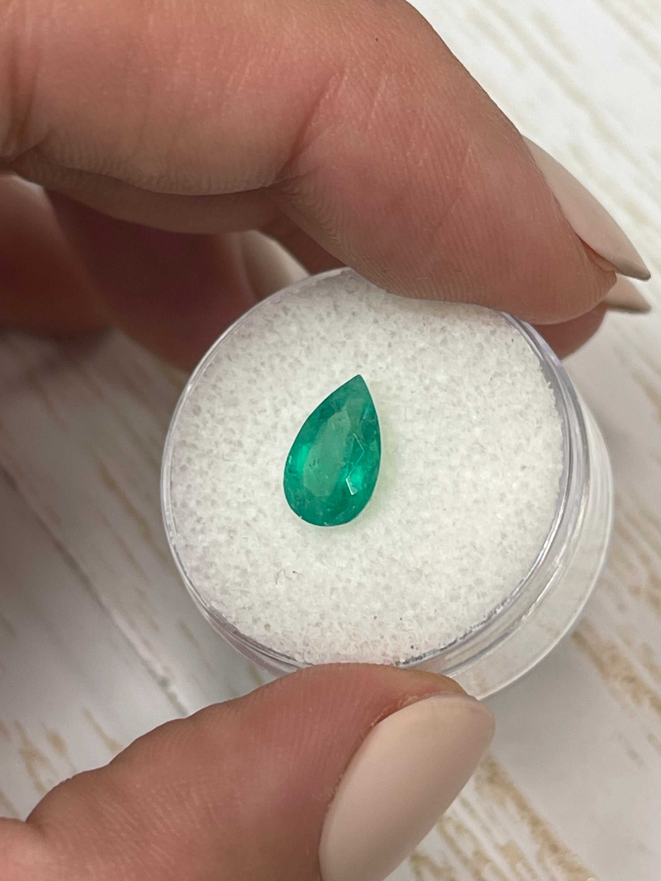 1.62 carat rich green natural Colombian emerald loose pear-cut gemstone from JR Colombian Emeralds.