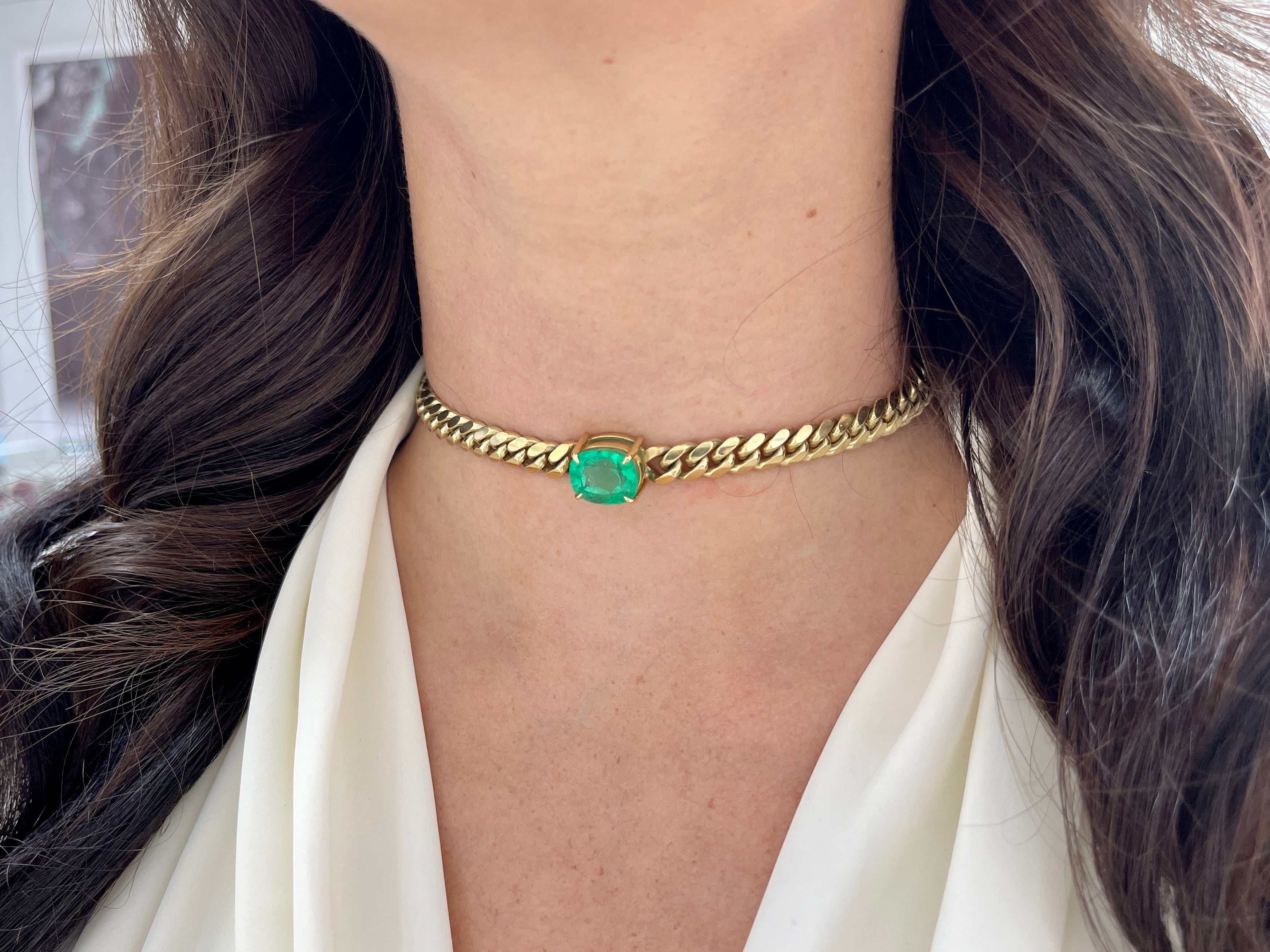 GIA Certified 10.85ct AAA+ Emerald cushion cut solid gold choker necklace with Cuban link design in 18K gold by JR Colombian Emeralds