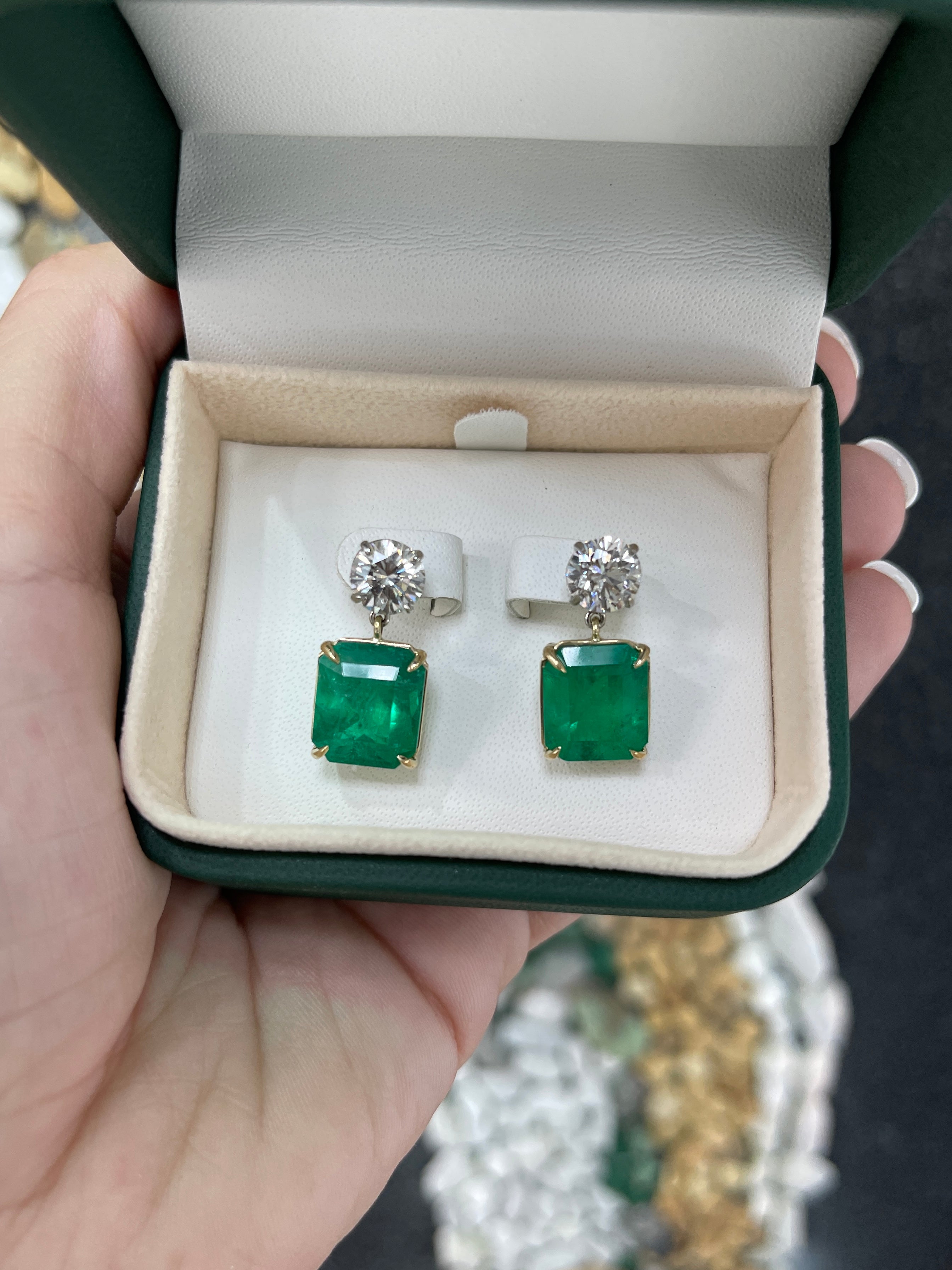 JR Colombian Emeralds 17.72tcw AAA+ emerald and diamond dangle earrings in 18K gold and platinum with detailed gemstone settings