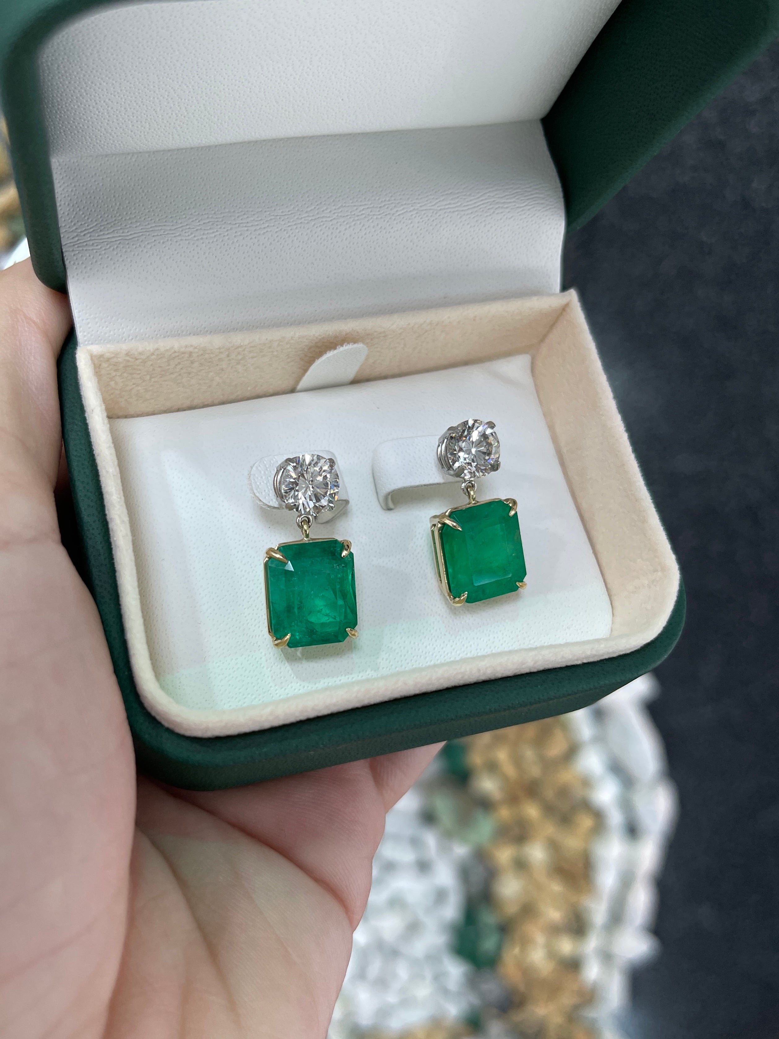 AAA+ emerald and diamond dangle earrings with 17.72 carats, set in 18K gold and platinum by JR Colombian Emeralds.