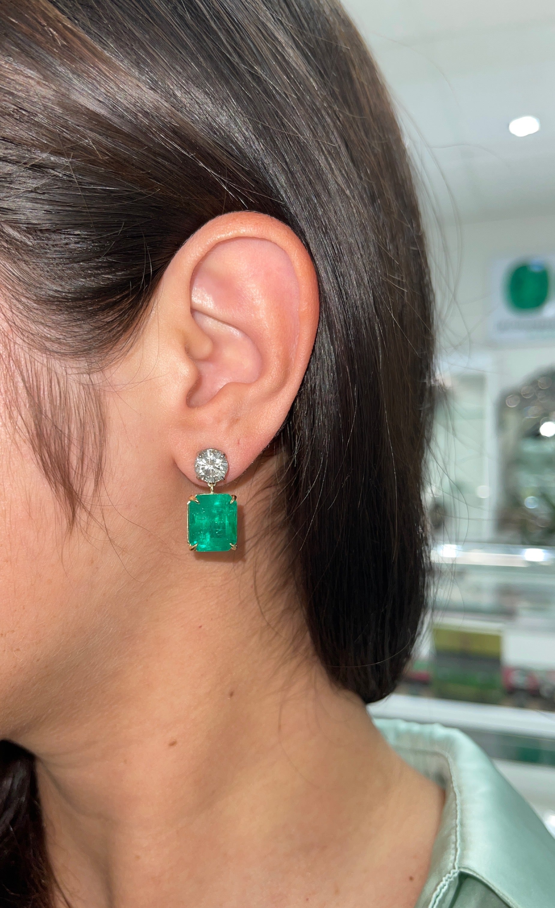 17.72tcw AAA+ emerald and diamond dangle earrings in 18K gold and platinum by JR Colombian Emeralds.