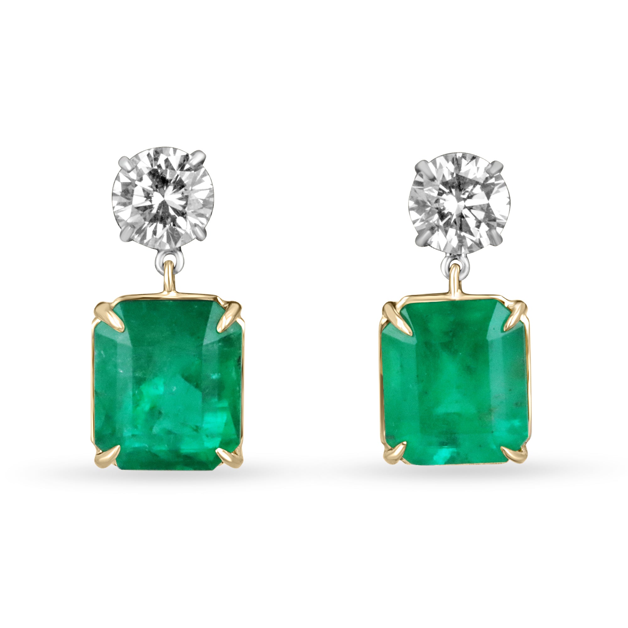 JR Colombian Emeralds 17.72tcw AAA+ emerald and diamond dangle earrings in 18K gold and platinum featuring vibrant gemstones.