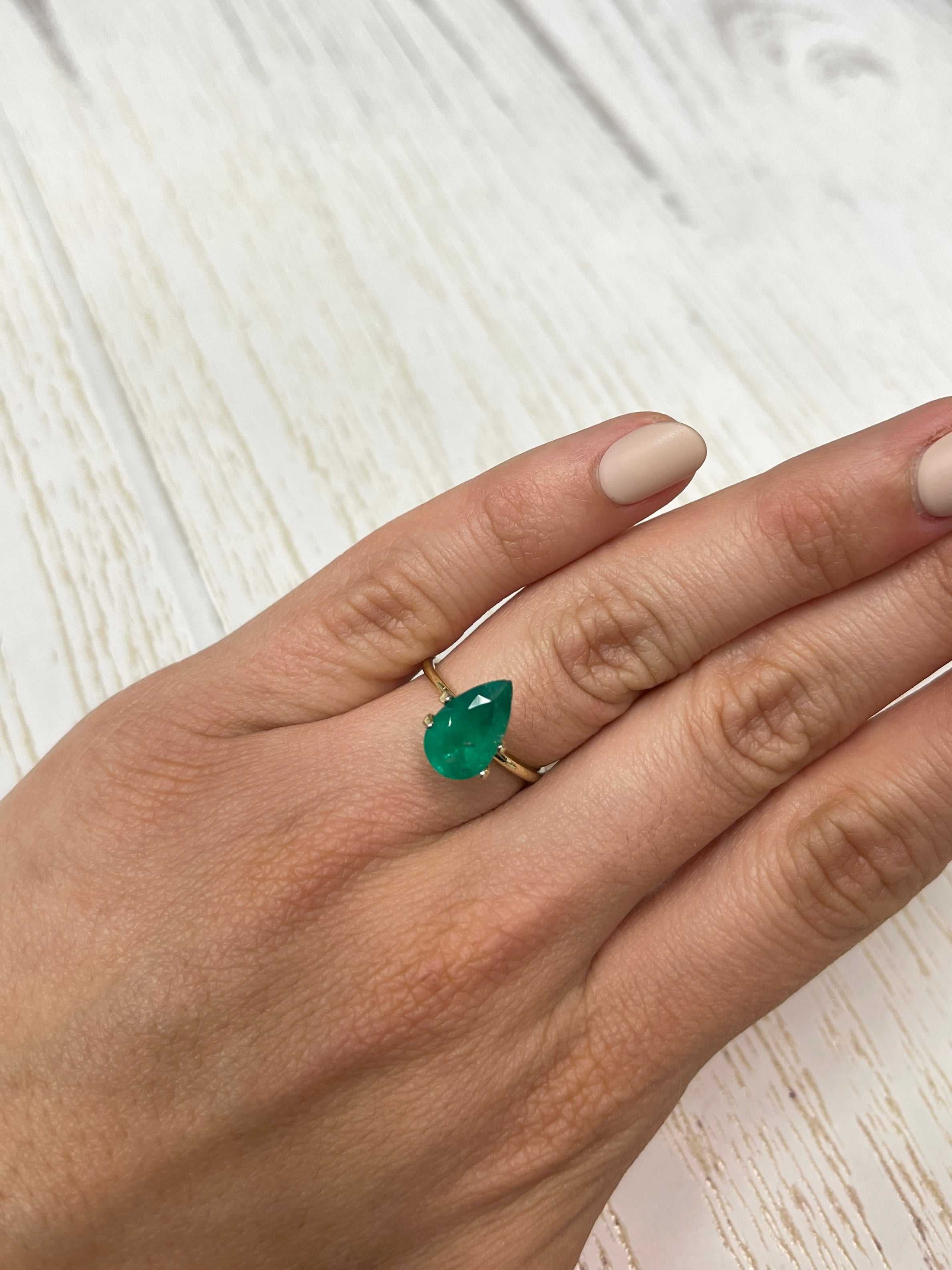 2.34 carat intense green natural Colombian emerald in pear cut, loose gemstone from JR Colombian Emeralds.