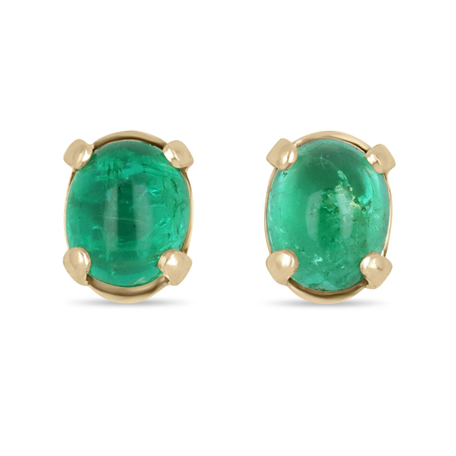 Deep green emerald oval cabochon solitaire stud earrings in 14K gold by JR Colombian Emeralds