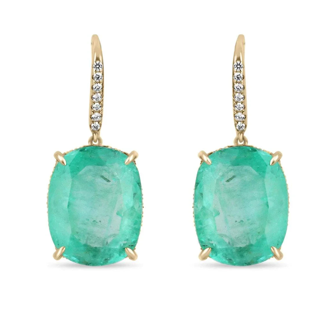 Large cushion cut Colombian emerald and diamond dangle earrings in 18K gold with JR Colombian Emeralds branding.
