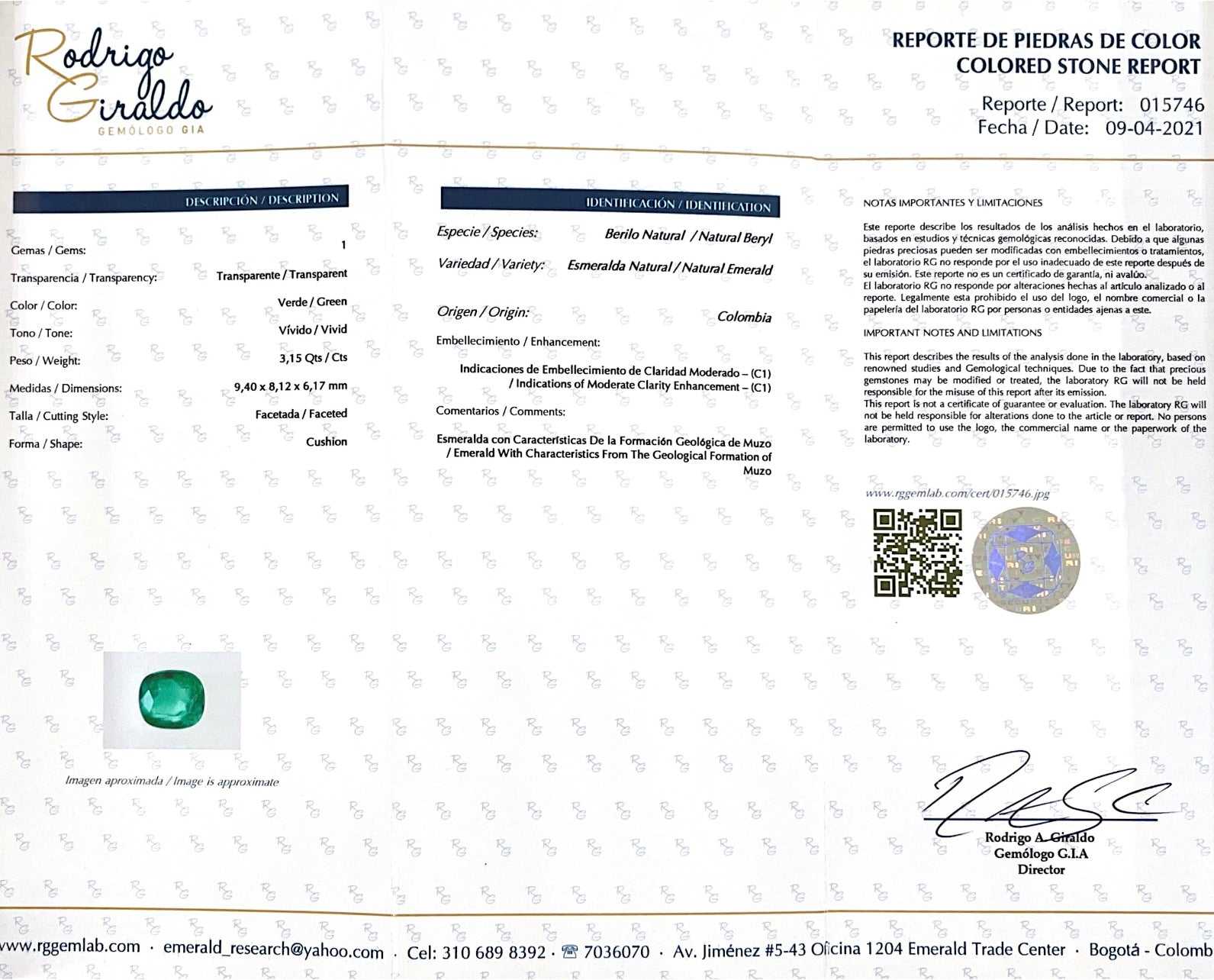 3.15 Carat Loose Colombian Emerald in Elongated Cushion Cut - Certified Vivid Bluish Green