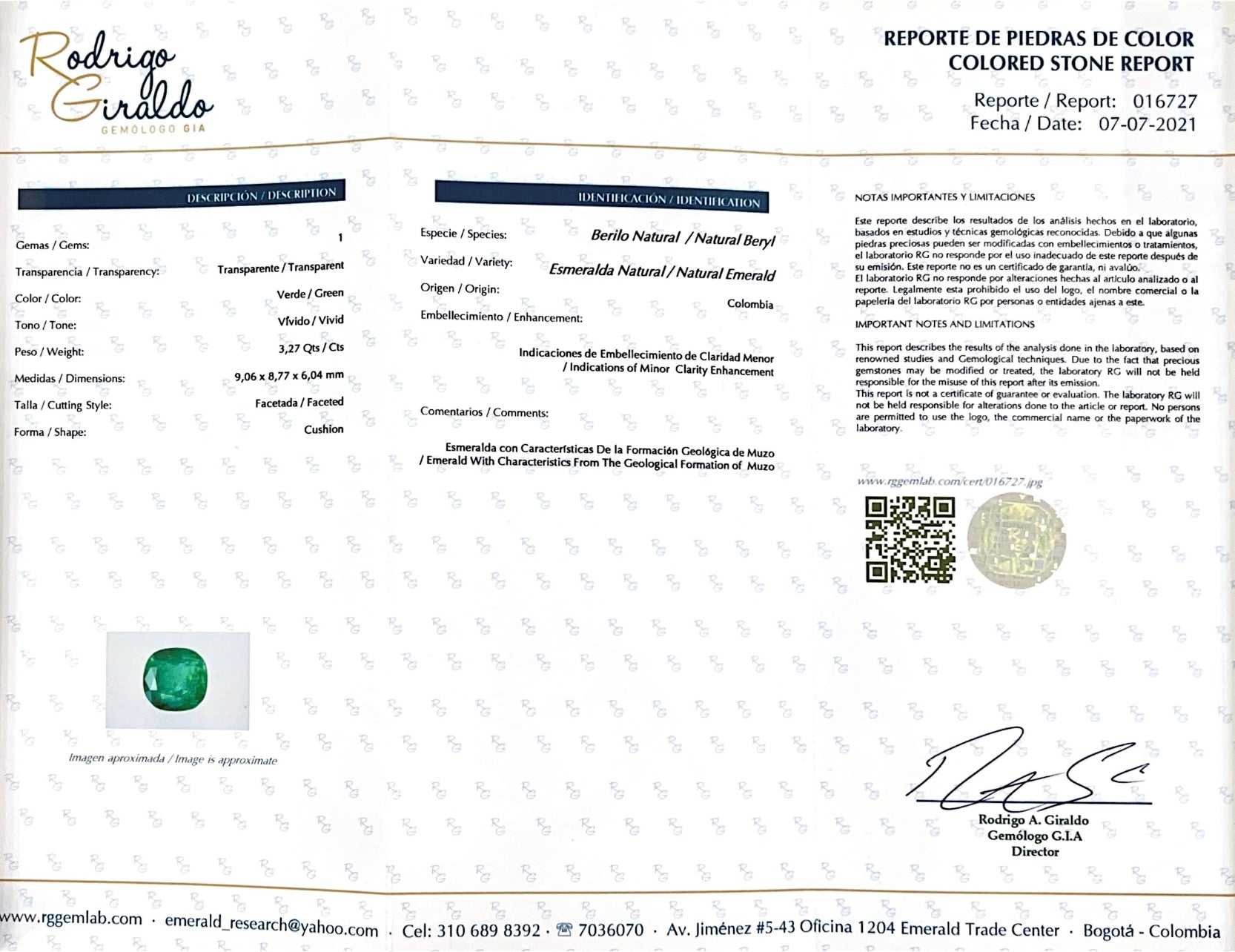 3.27 Carat Minor Oil 9x9 Vivid Muzo Green Natural Loose Colombian Emer