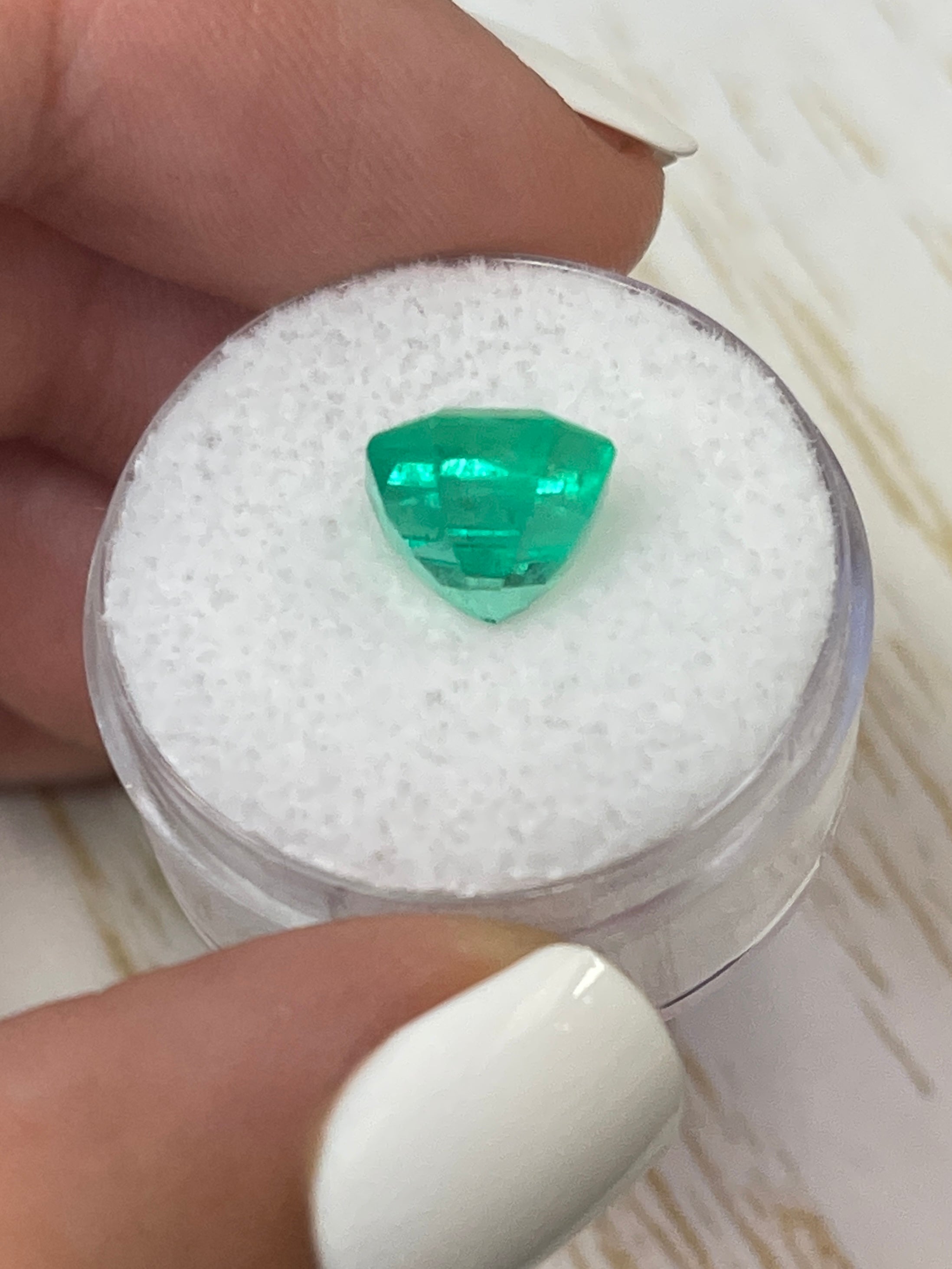 Luminous 3.68 Carat natural Colombian emerald loose gemstone with Asscher cut and clipped corners, from JR Colombian Emeralds.