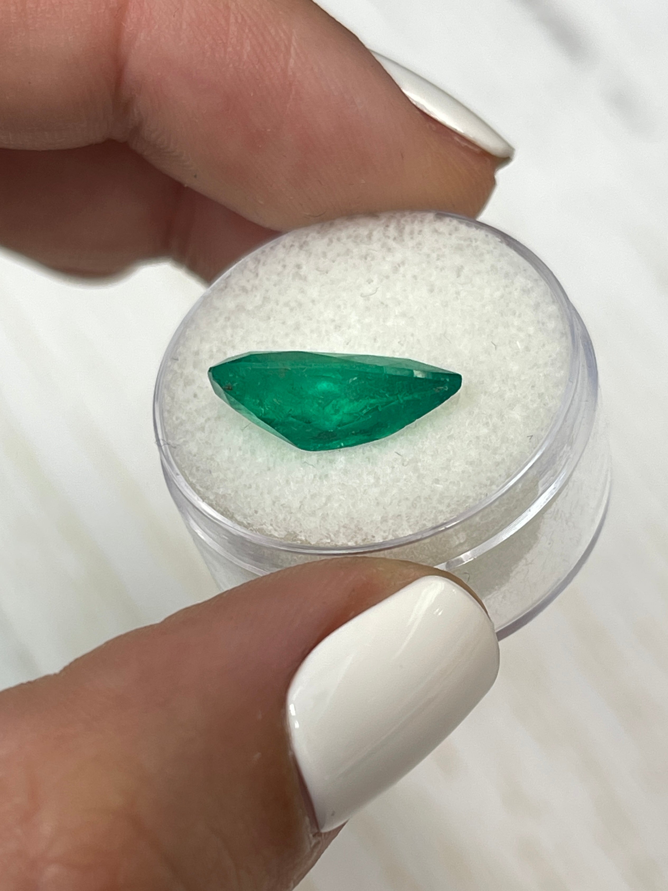 Rich green 16x9 Colombian emerald in pear cut, 4.34 carats, natural loose gemstone from JR Colombian Emeralds.