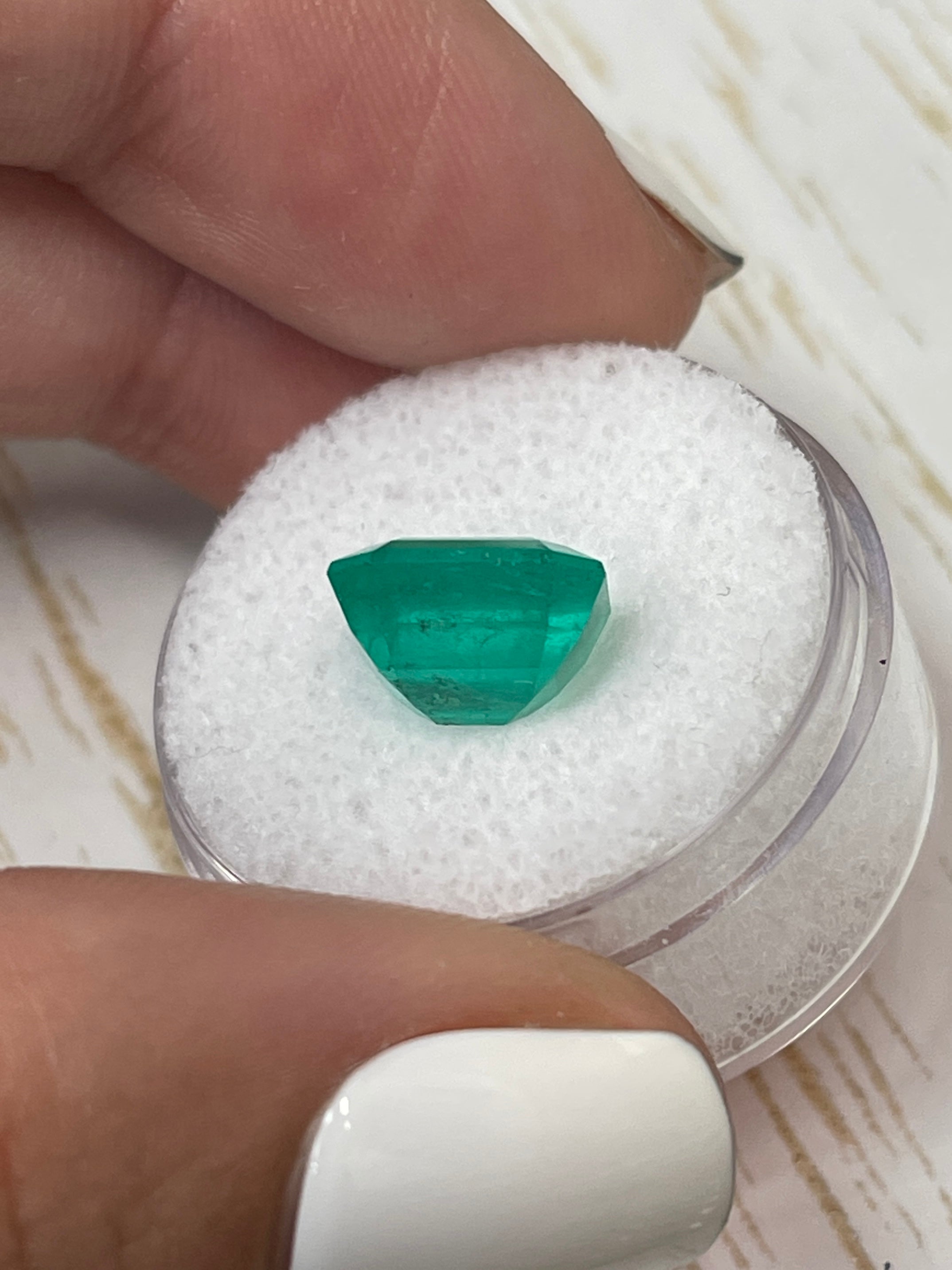 4.75 carat deep bluish-green Colombian emerald loose gemstone in Asscher cut, natural and oil-treated, from JR Colombian Emeralds.