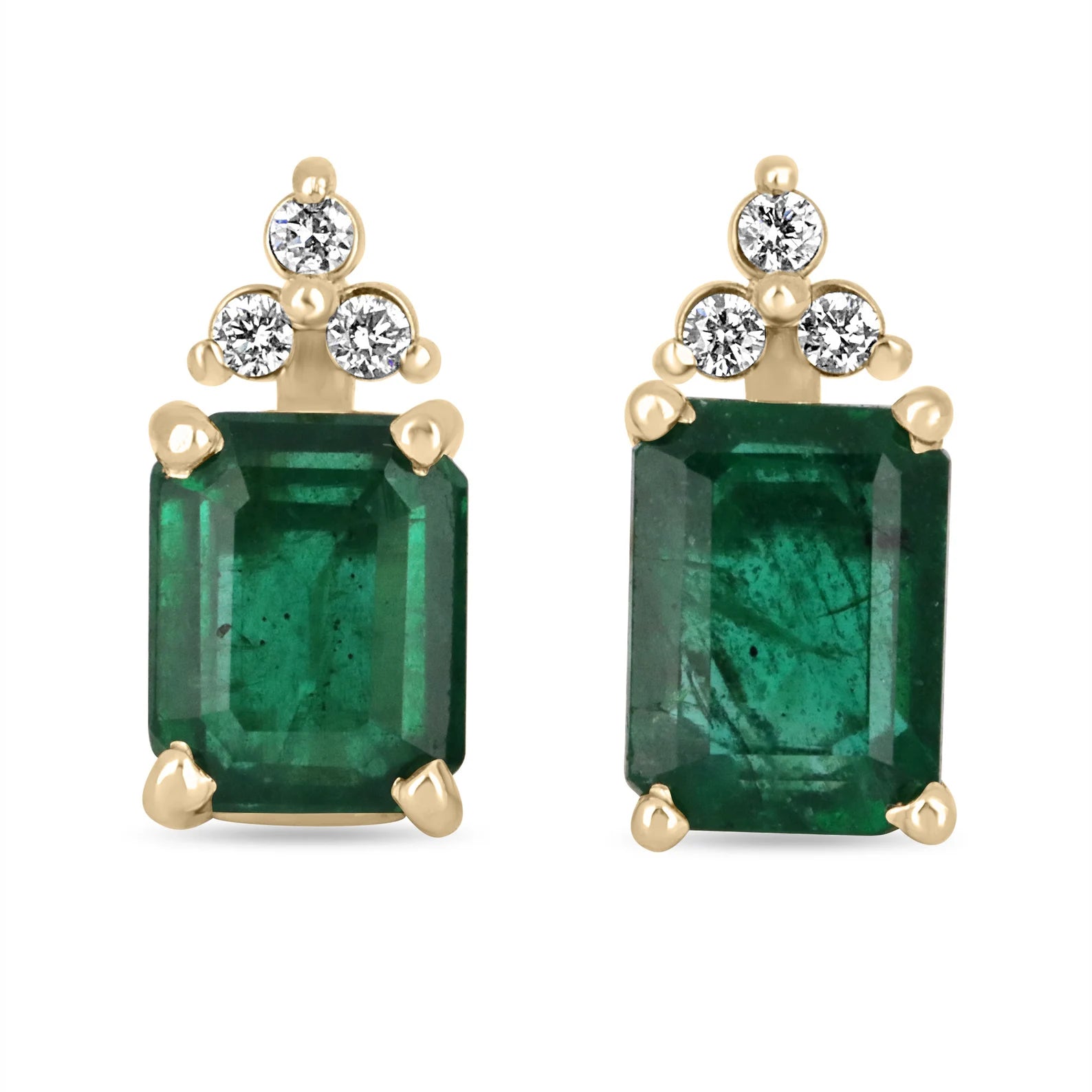 14K gold stud earrings with rich green emeralds and diamond accents, featuring a 4.87tcw total weight from JR Colombian Emeralds